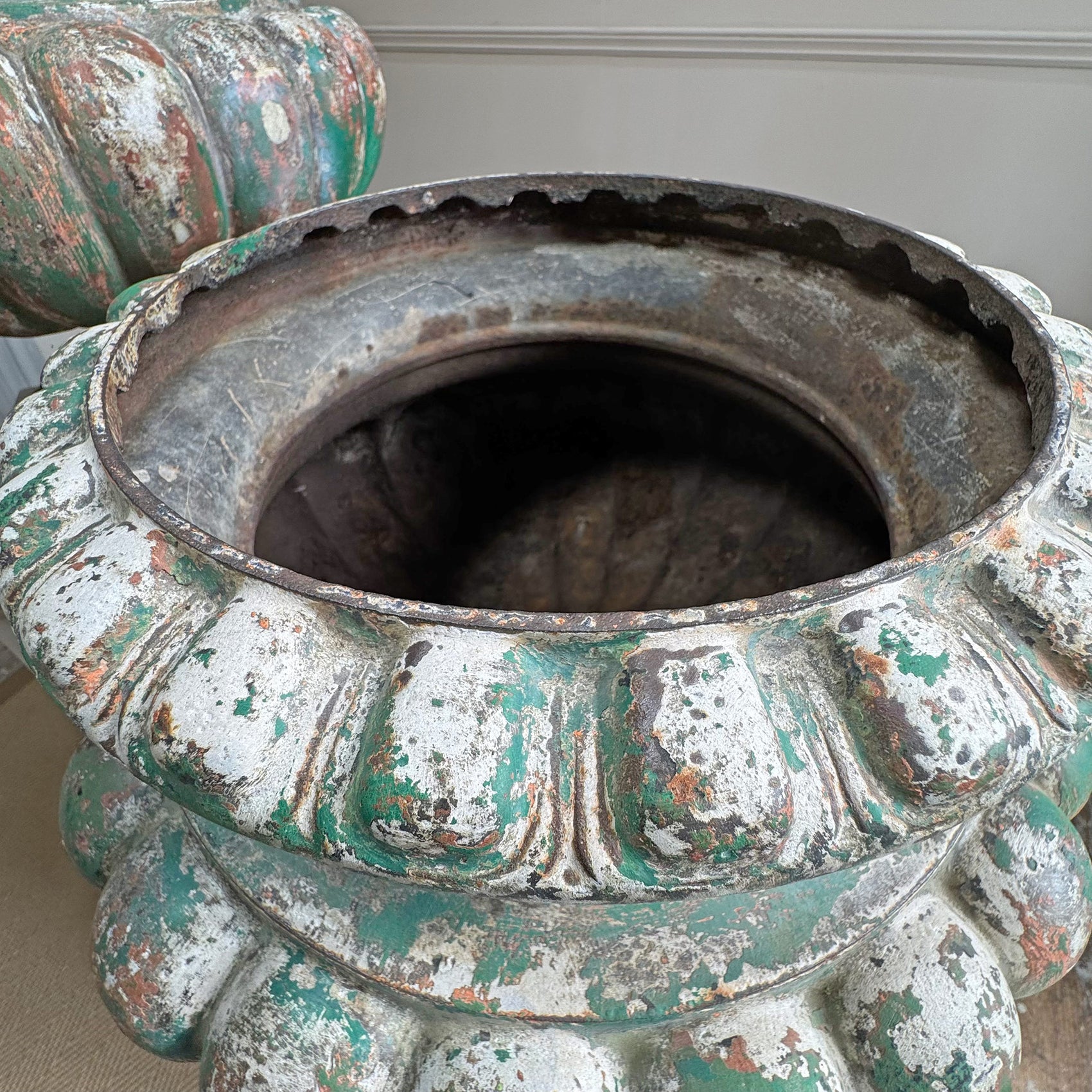 Pair Of French 19th Century Green Cast Iron Garden Urns By Alfred Corneau