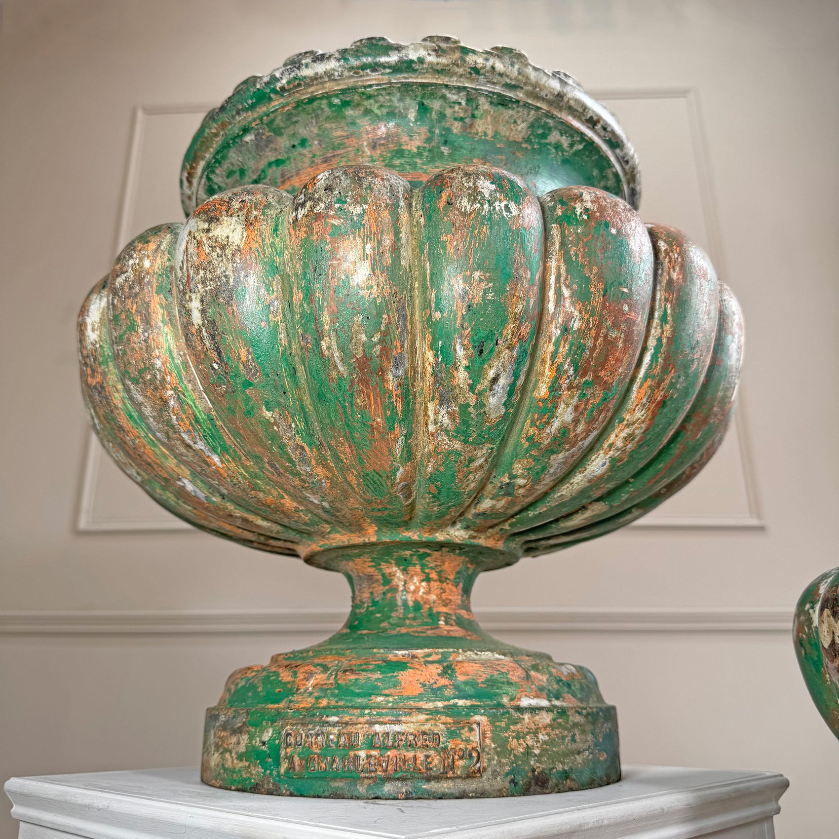 Pair Of French 19th Century Green Cast Iron Garden Urns By Alfred Corneau