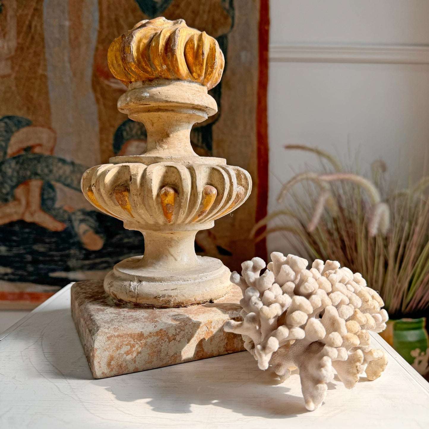 Antique Wood and Gesso Altar Vase with Flame and Faux Marble Italy 18th Century