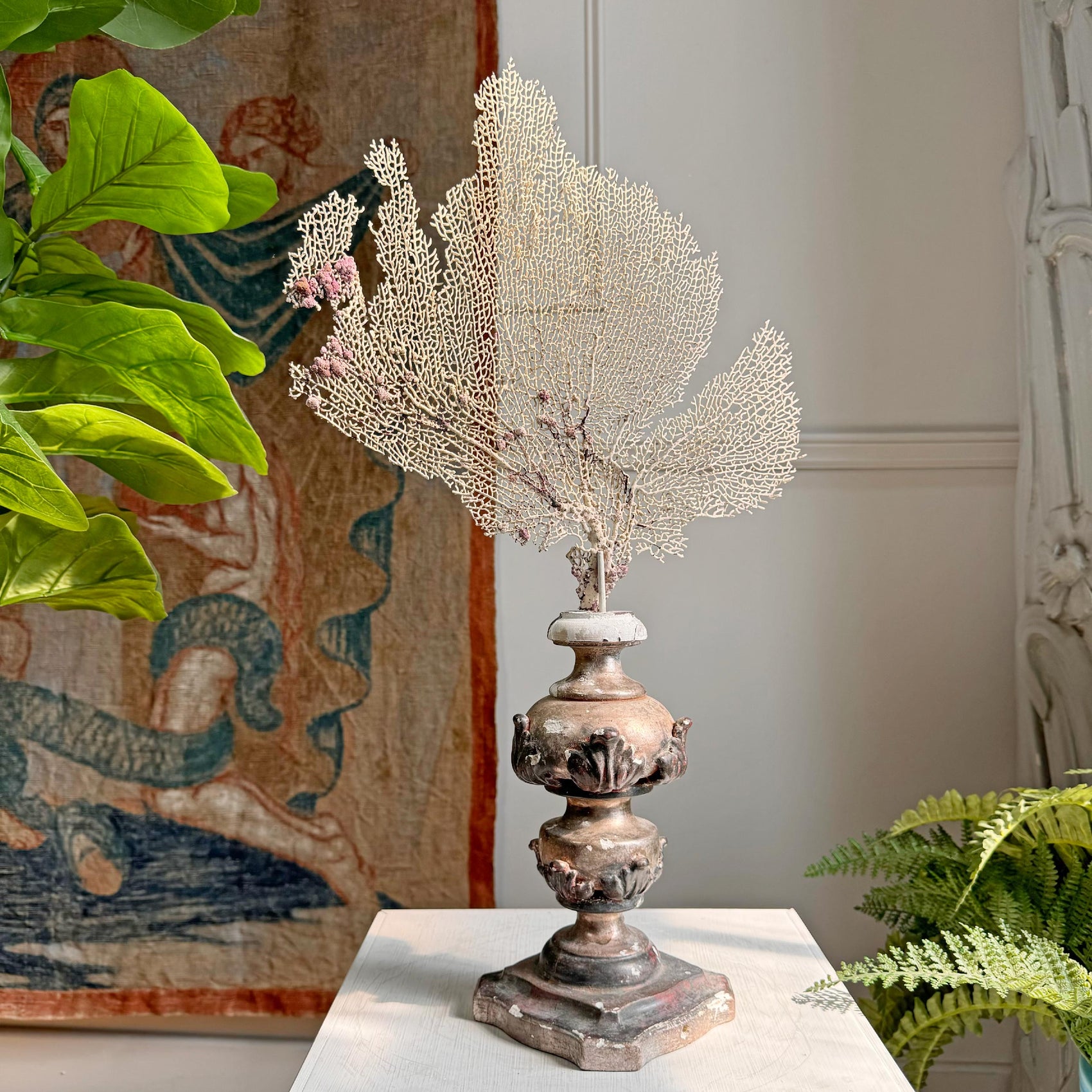Wood and Gesso Altar Vase in Rose Silver 18th Century Italian