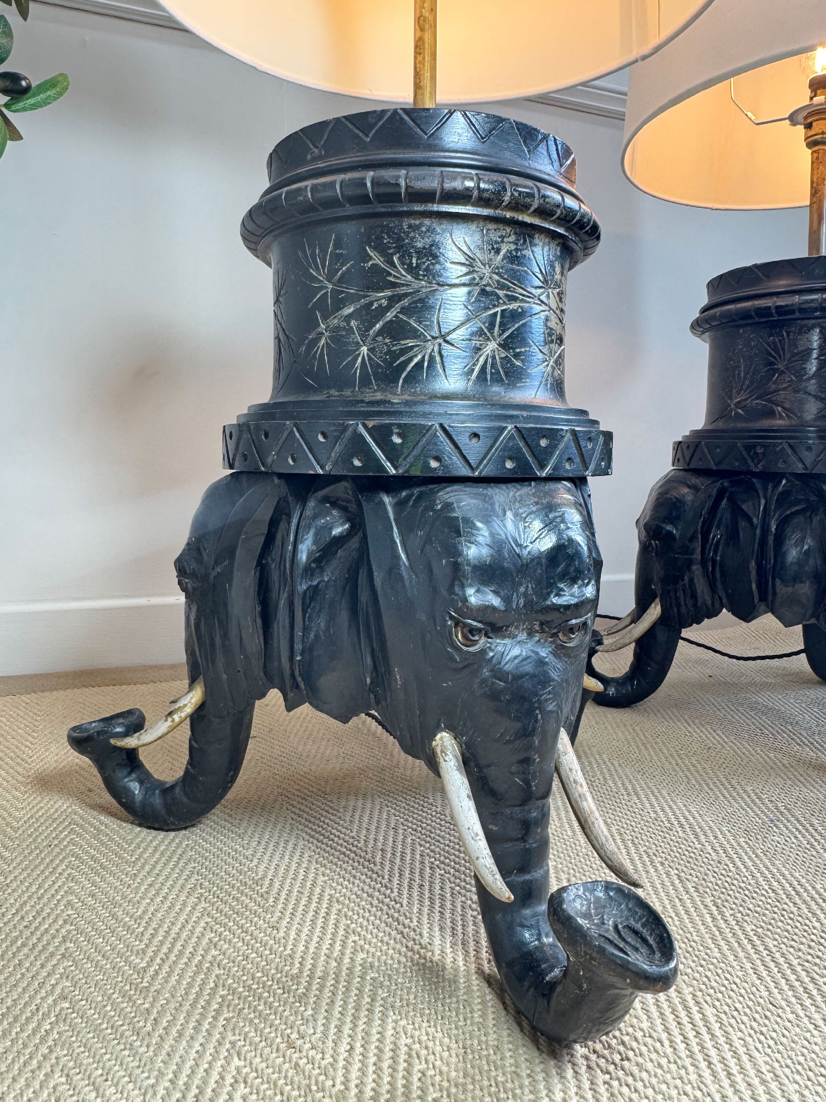 An Exceptional Pair of Reimagined 19th-Century Anglo-Indian Carved Hardwood Elephant Lamps