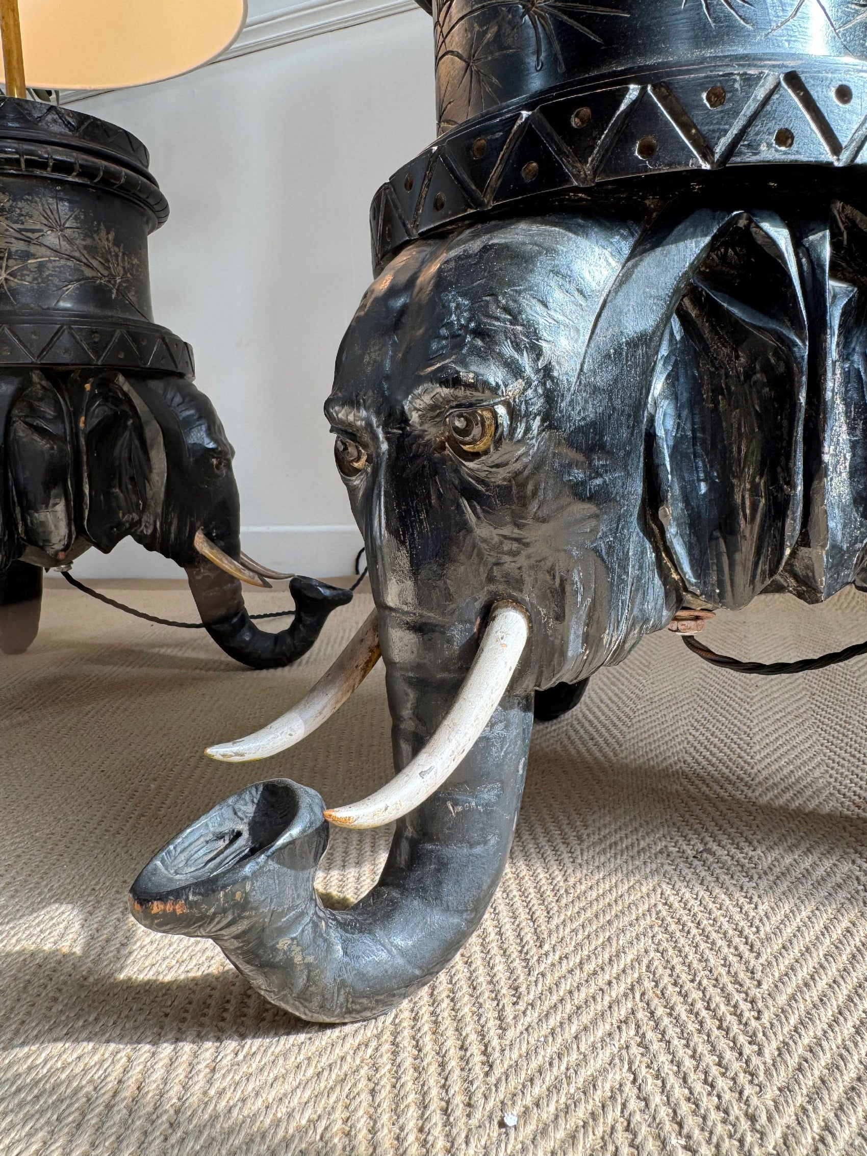An Exceptional Pair of Reimagined 19th-Century Anglo-Indian Carved Hardwood Elephant Lamps