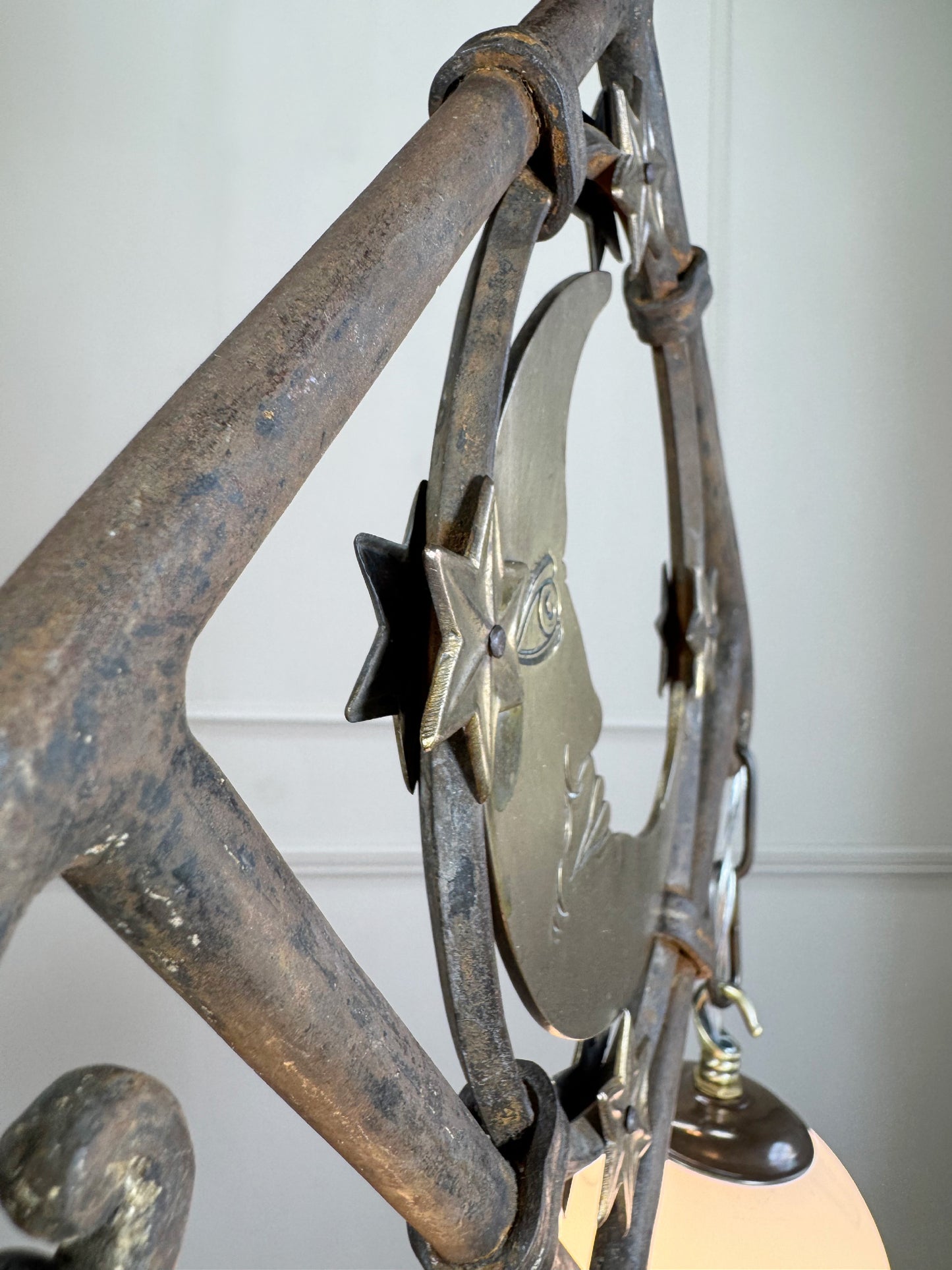 Art Deco Brass and Wrought Iron Moon and Stars Ceiling Light