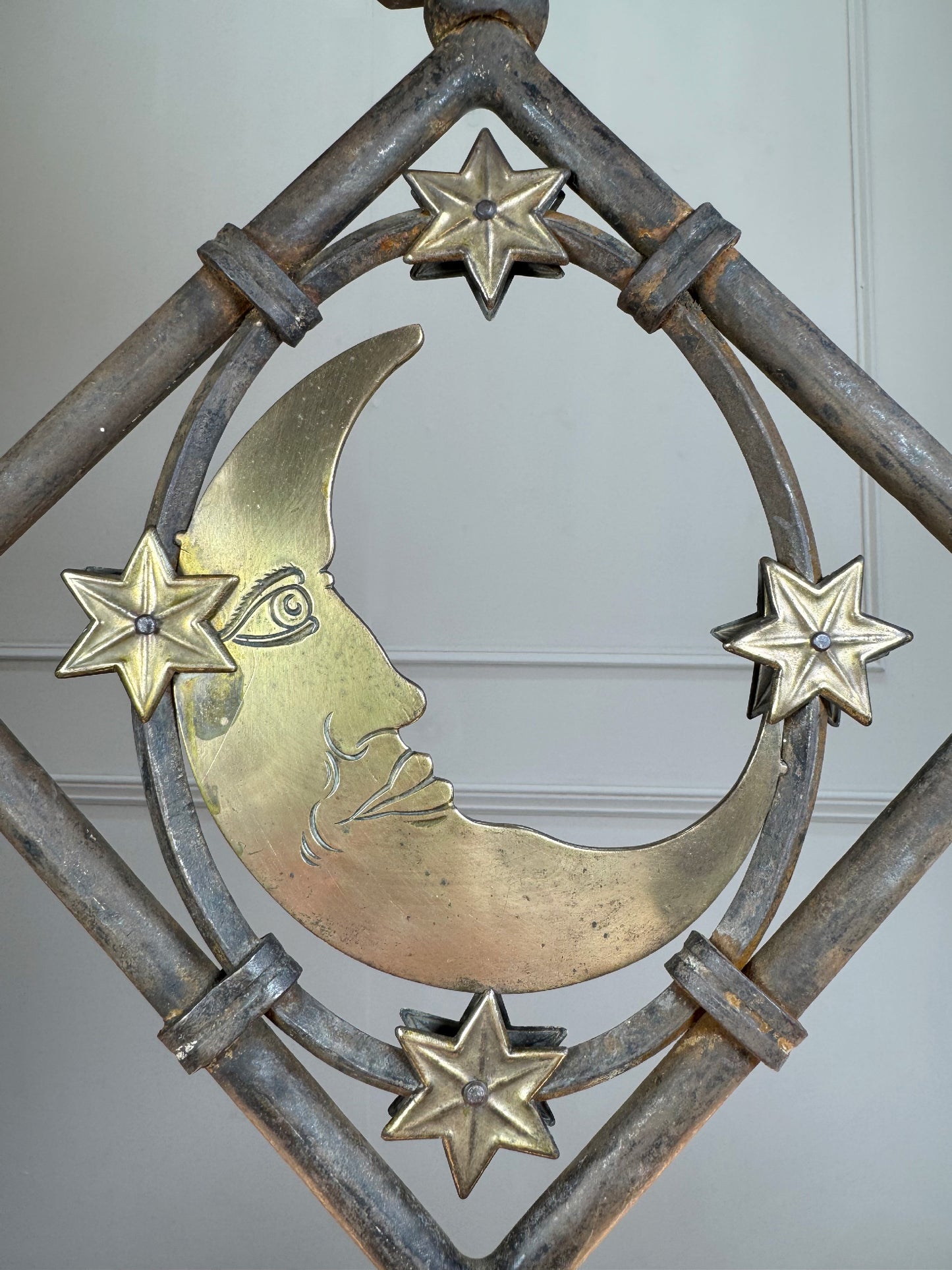 Art Deco Brass and Wrought Iron Moon and Stars Ceiling Light