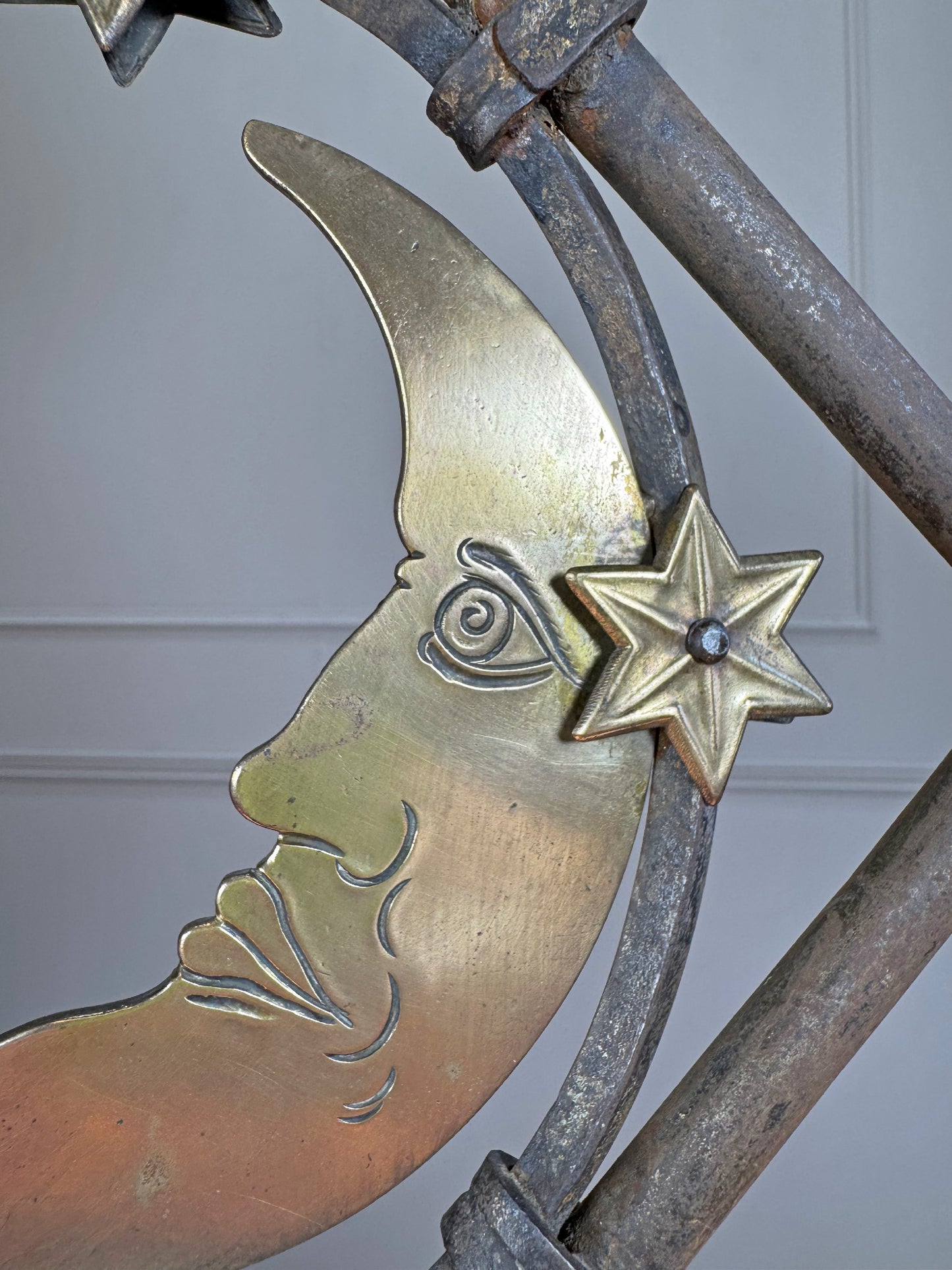 Art Deco Brass and Wrought Iron Moon and Stars Ceiling Light