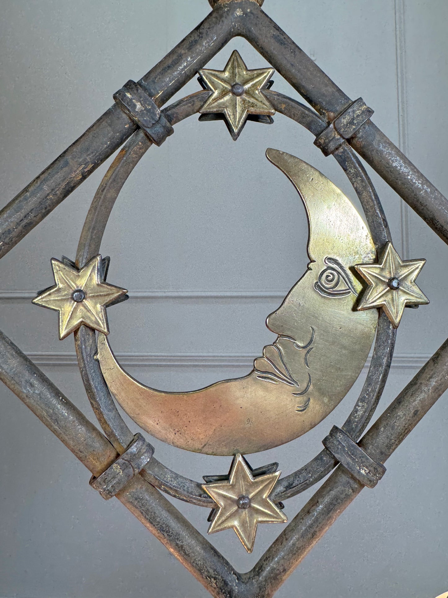Art Deco Brass and Wrought Iron Moon and Stars Ceiling Light