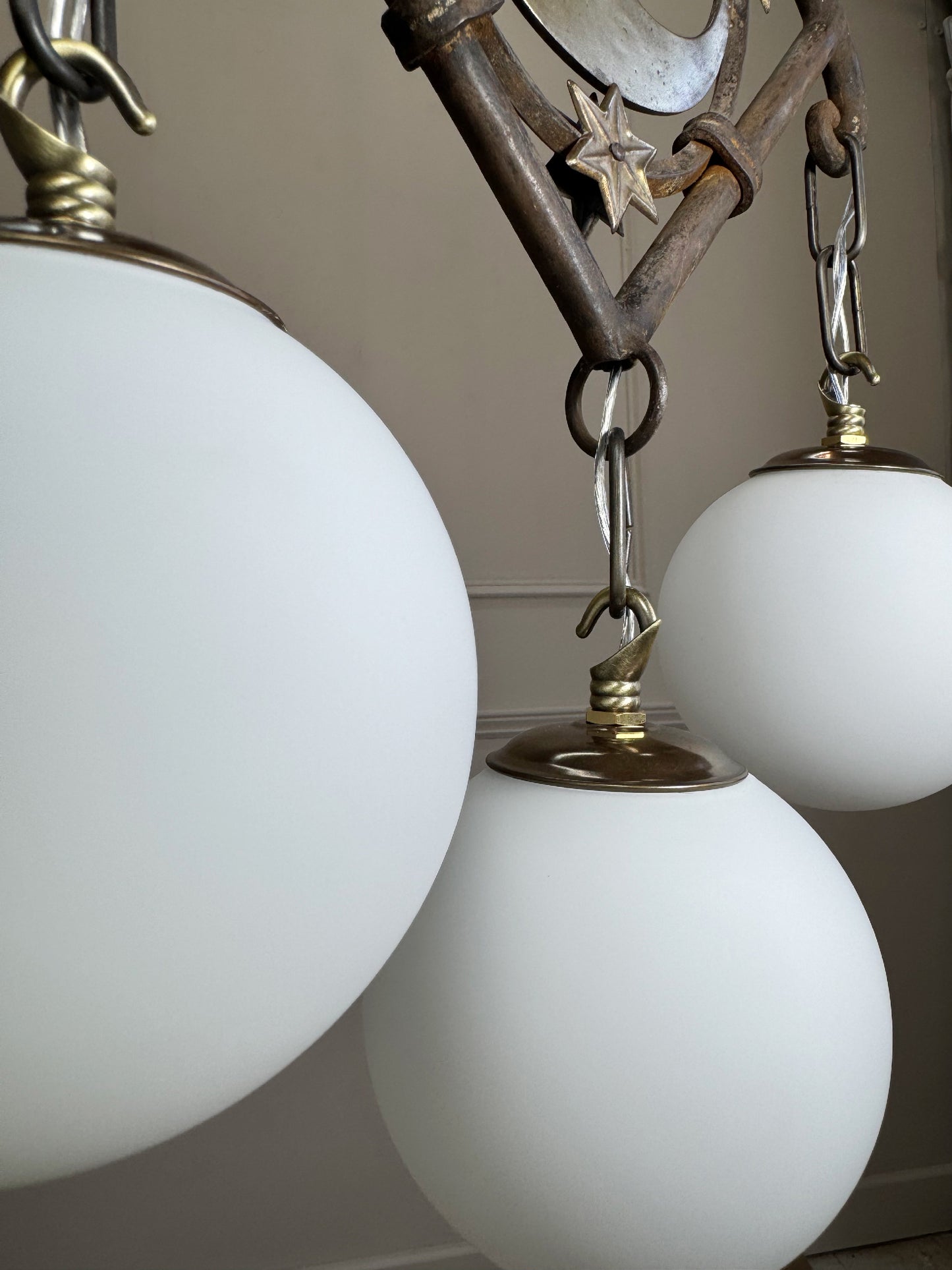 Art Deco Brass and Wrought Iron Moon and Stars Ceiling Light