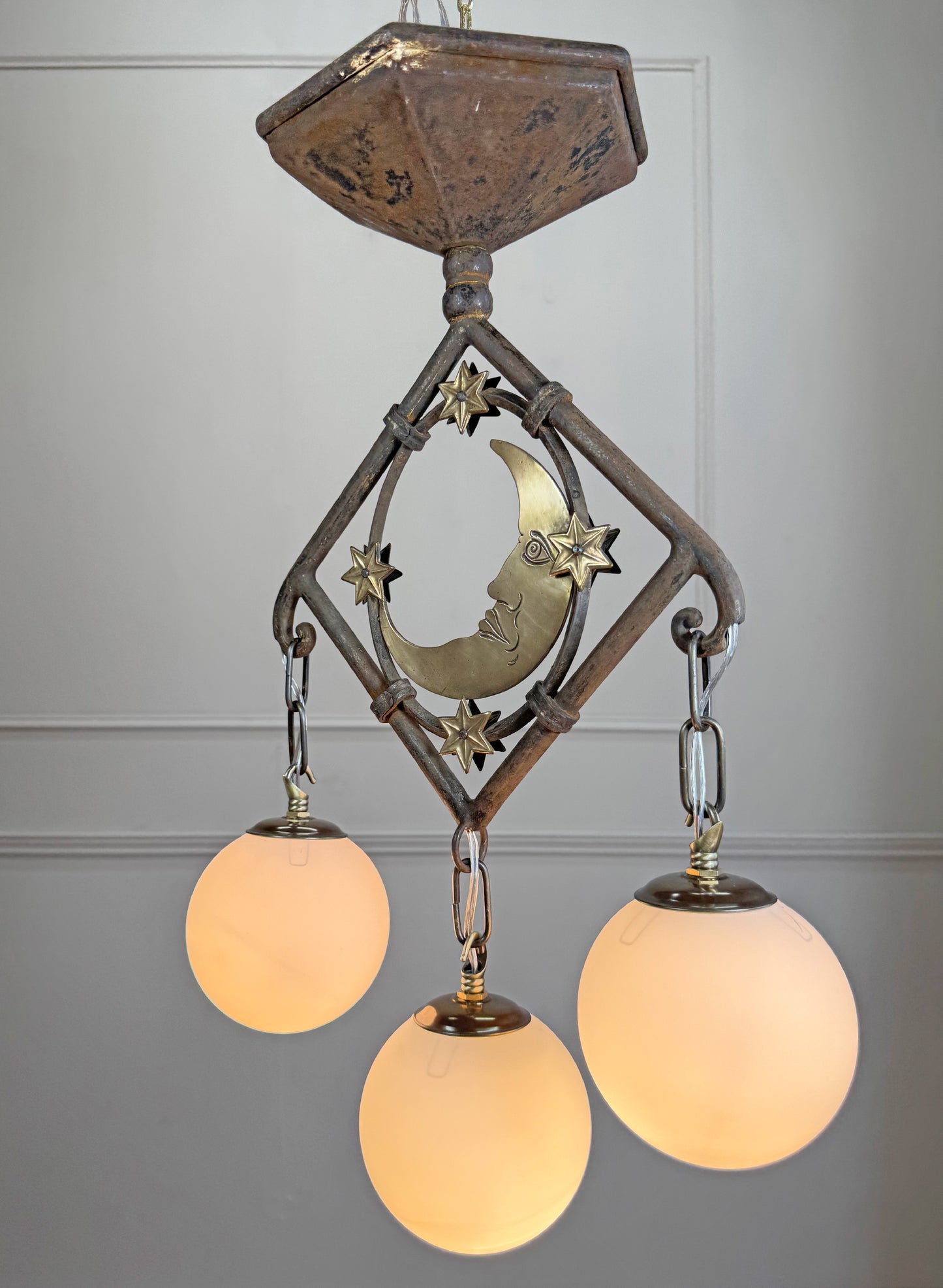 Art Deco Brass and Wrought Iron Moon and Stars Ceiling Light