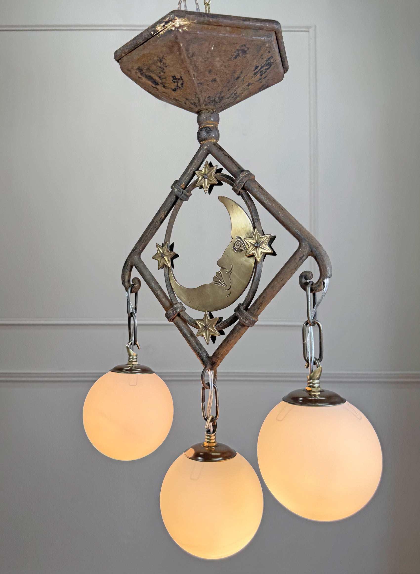 Art Deco Brass and Wrought Iron Moon and Stars Ceiling Light