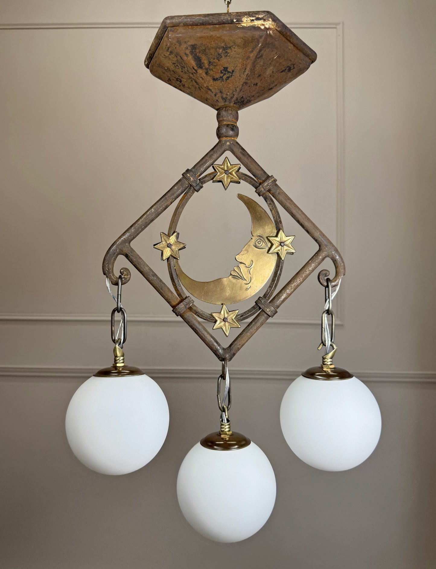 Art Deco Brass and Wrought Iron Moon and Stars Ceiling Light