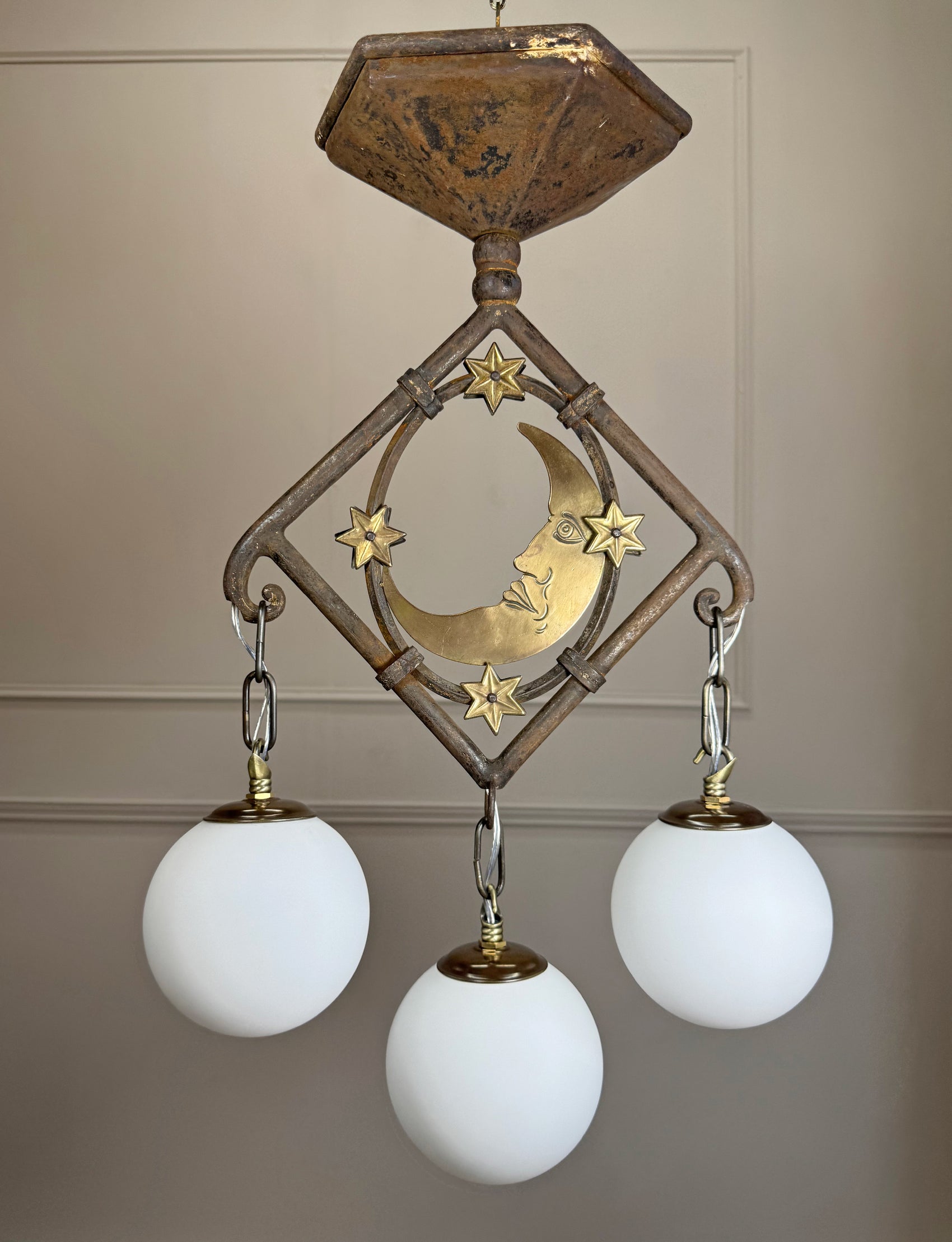 Art Deco Brass and Wrought Iron Moon and Stars Ceiling Light