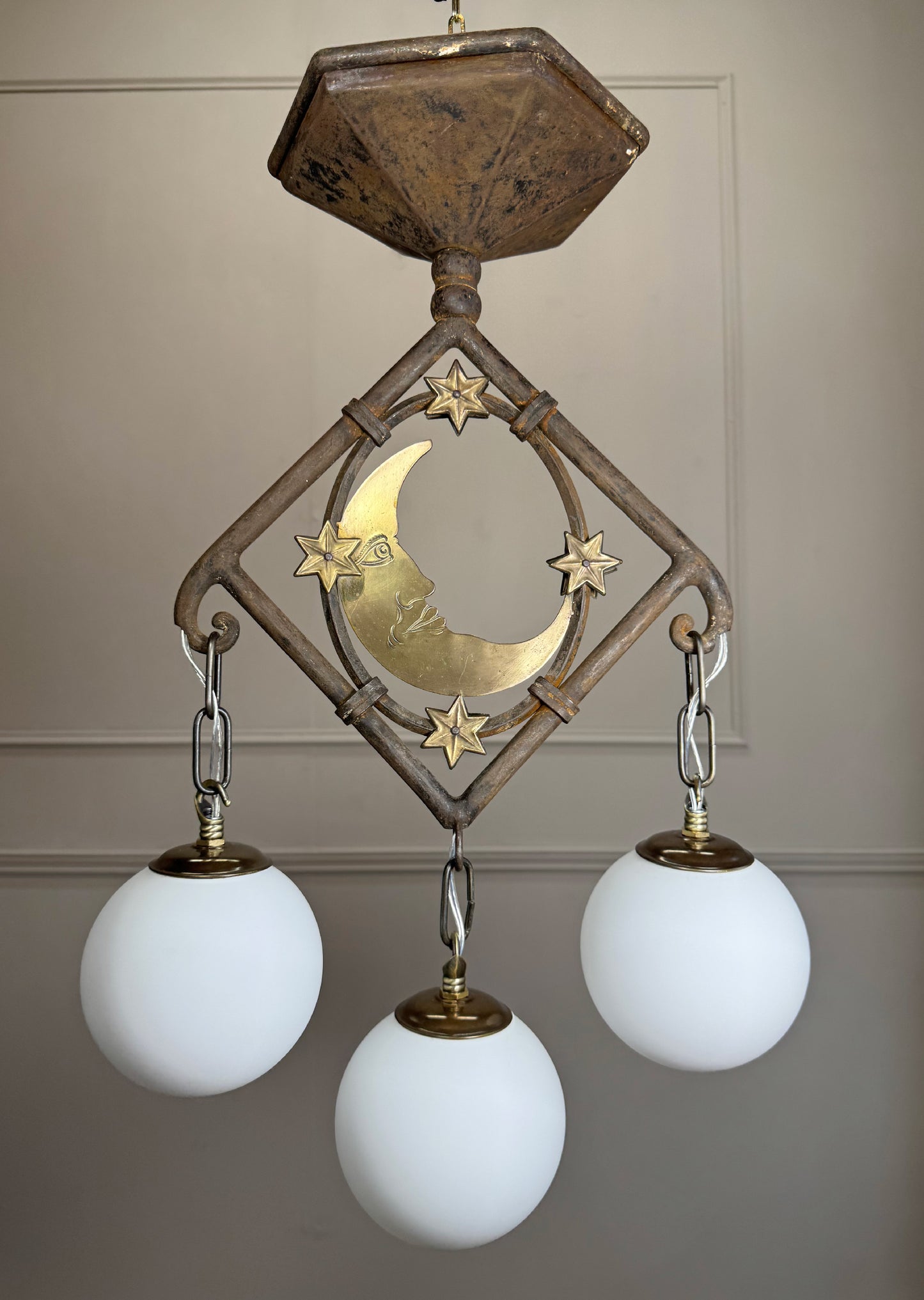 Art Deco Brass and Wrought Iron Moon and Stars Ceiling Light