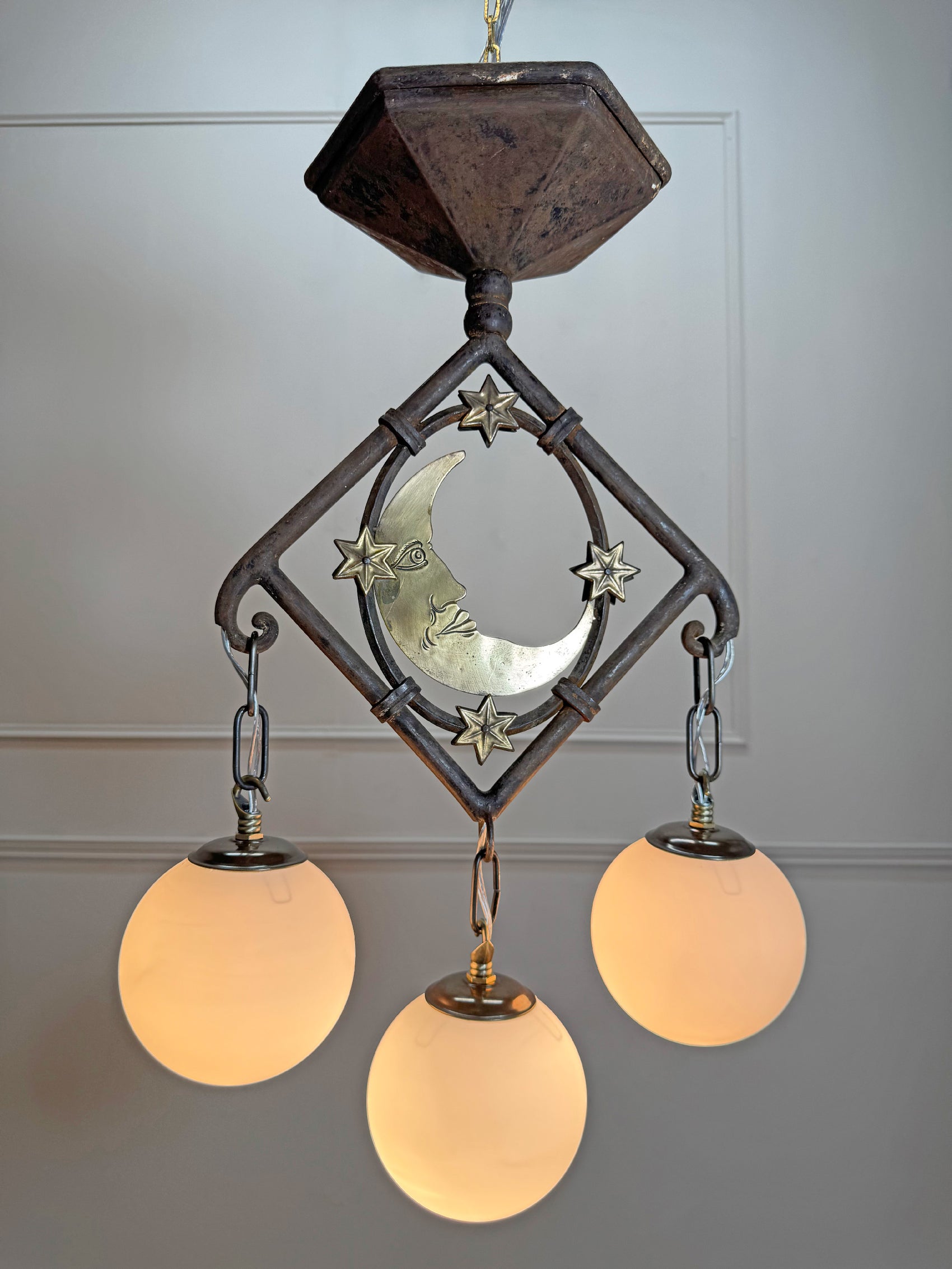 Art Deco Brass and Wrought Iron Moon and Stars Ceiling Light