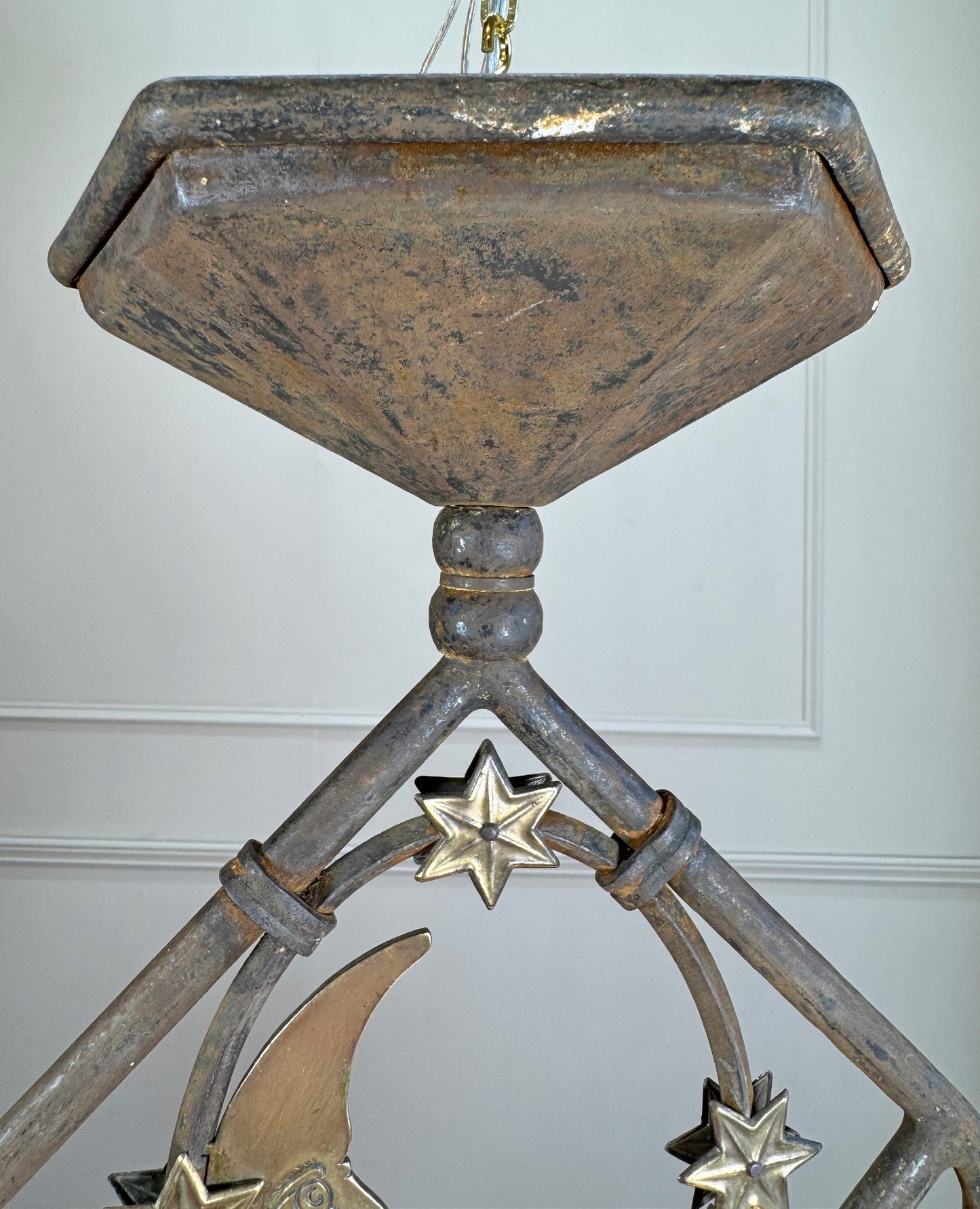 Art Deco Brass and Wrought Iron Moon and Stars Ceiling Light