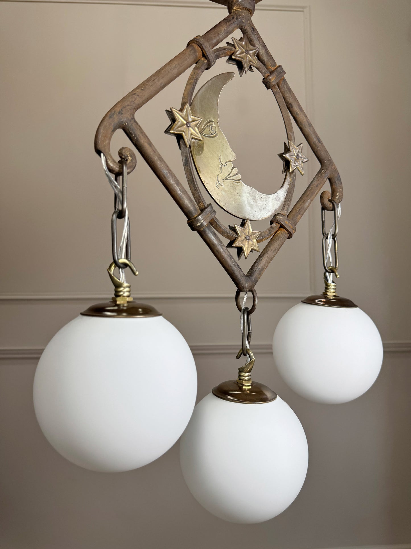 Art Deco Brass and Wrought Iron Moon and Stars Ceiling Light