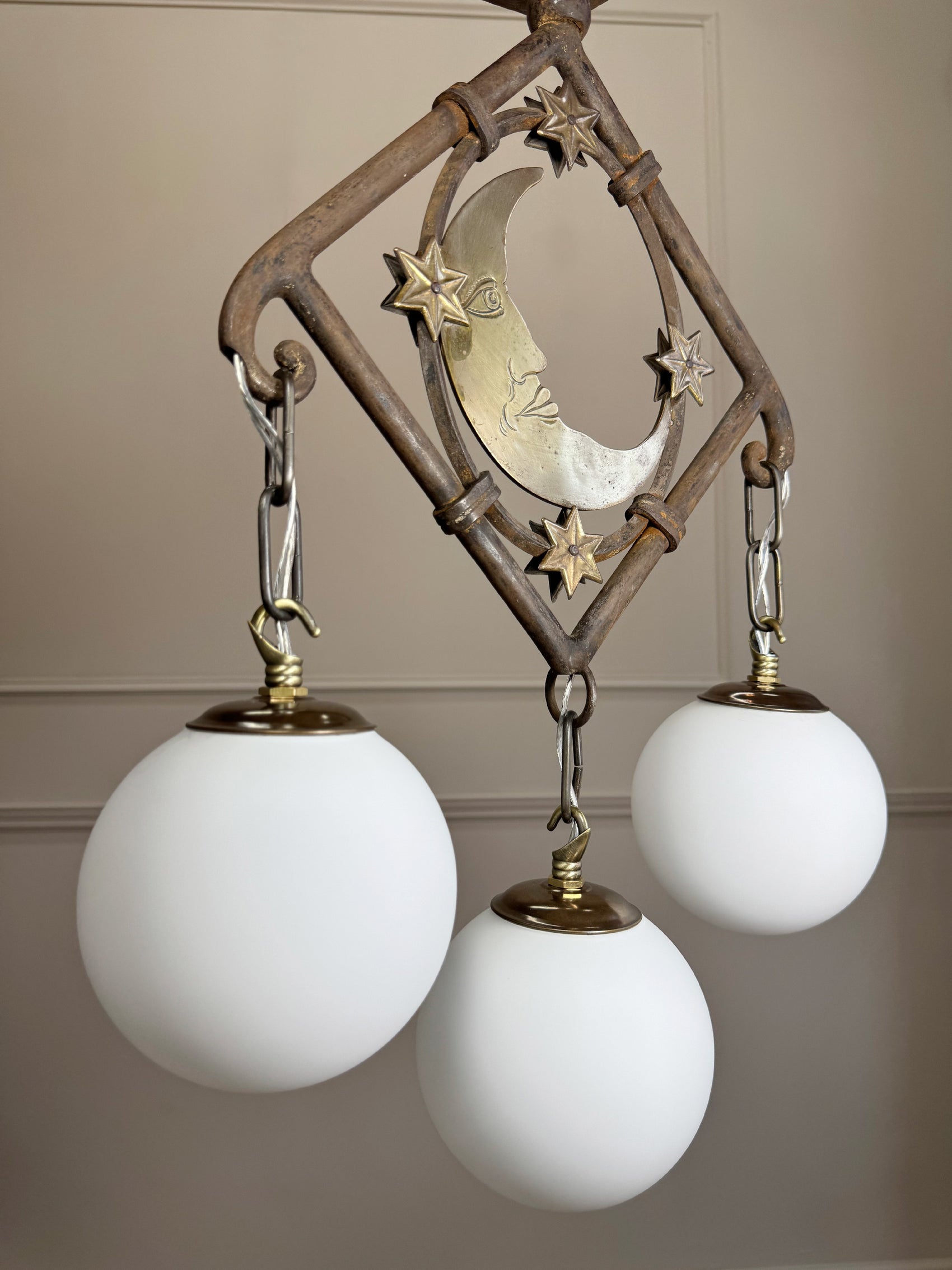 Art Deco Brass and Wrought Iron Moon and Stars Ceiling Light