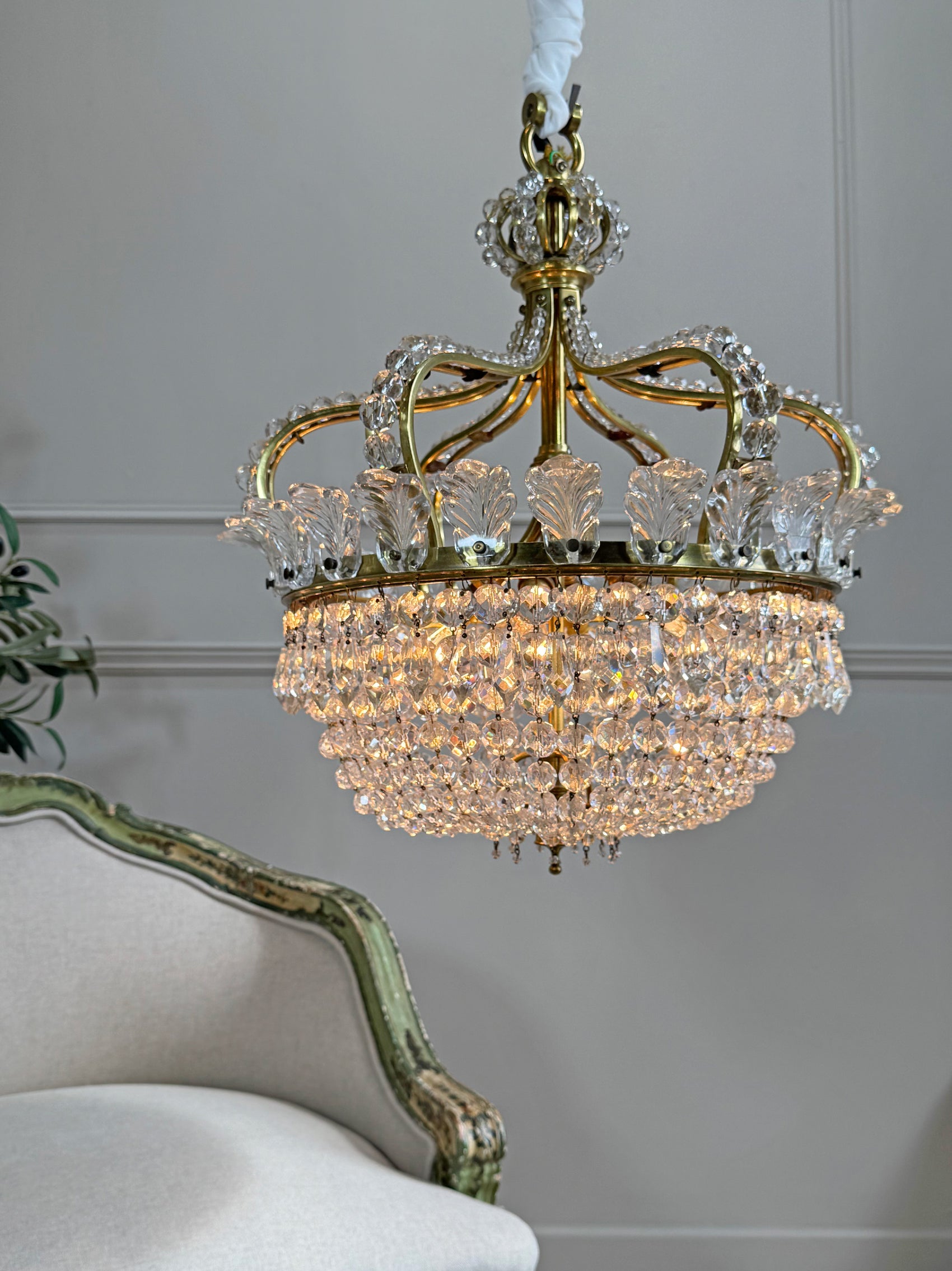 An Exceptionally Rare and Elegant French Empire Crown and Basket Crystal Chandelier Circa 1900–1910
