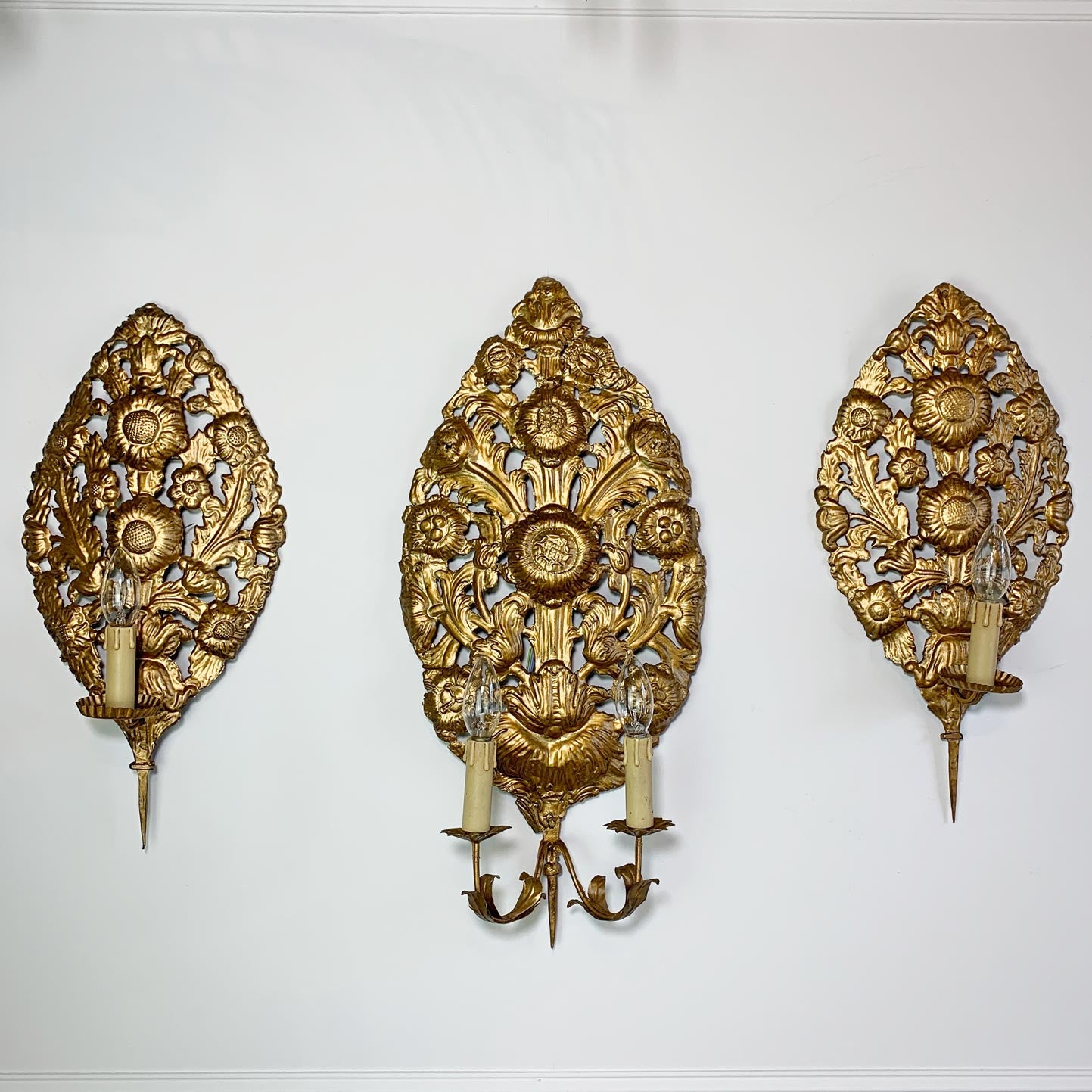 Set of 3 Gold Repousse Baroque Wall Sconces