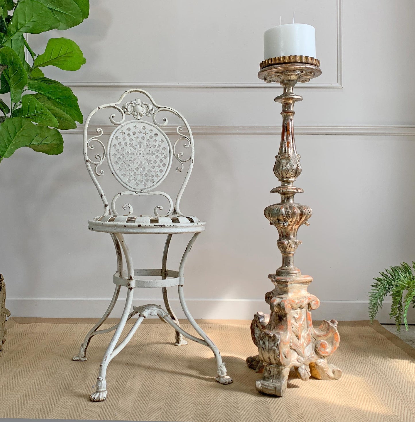 Large 19th Century Silver Baroque Gilt Wood Candlestick