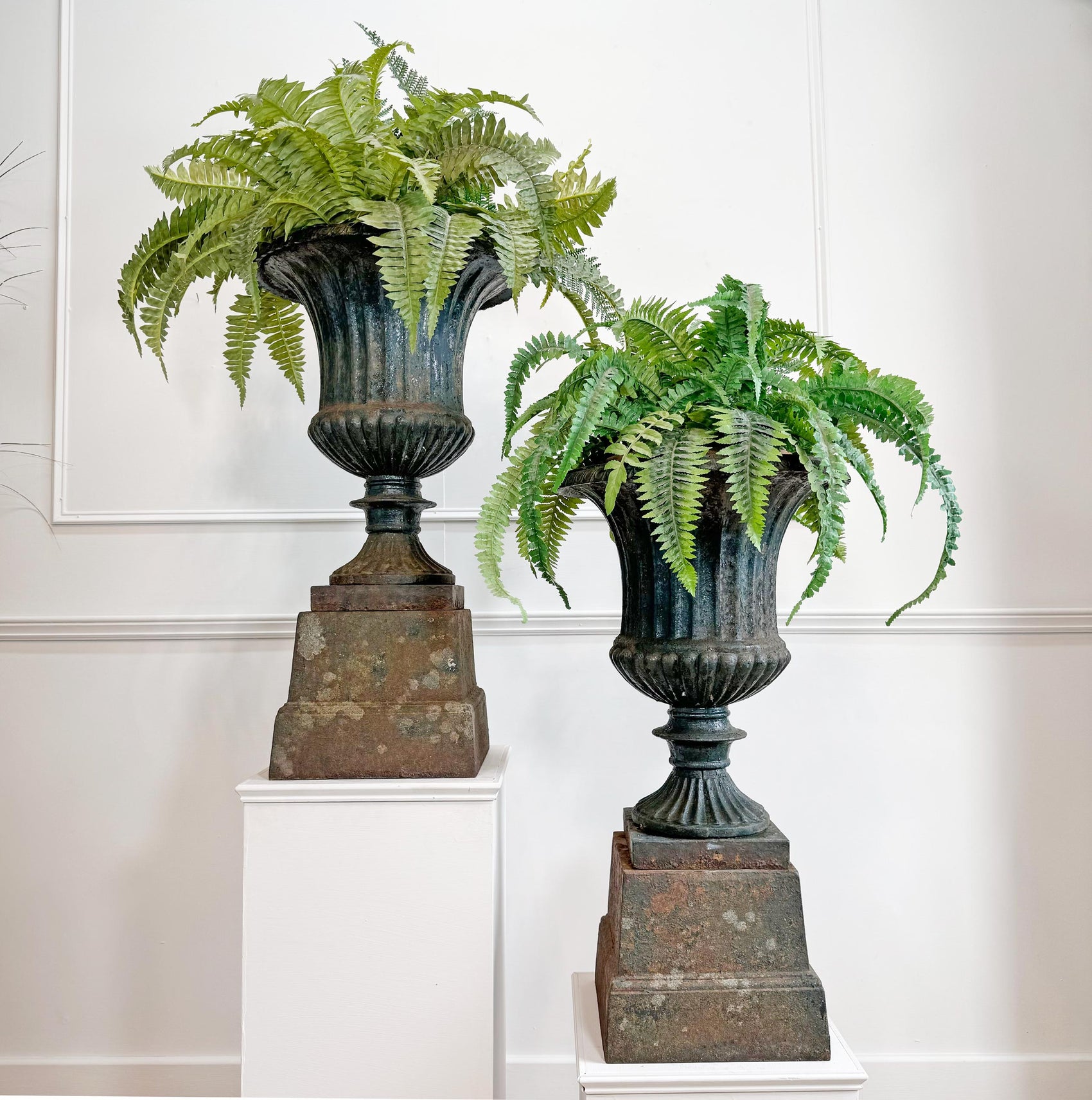 Two large distressed green antique metal garden urn planters with tiered bases, filled with lush green ferns, displayed on white pedestals against a white paneled wall.