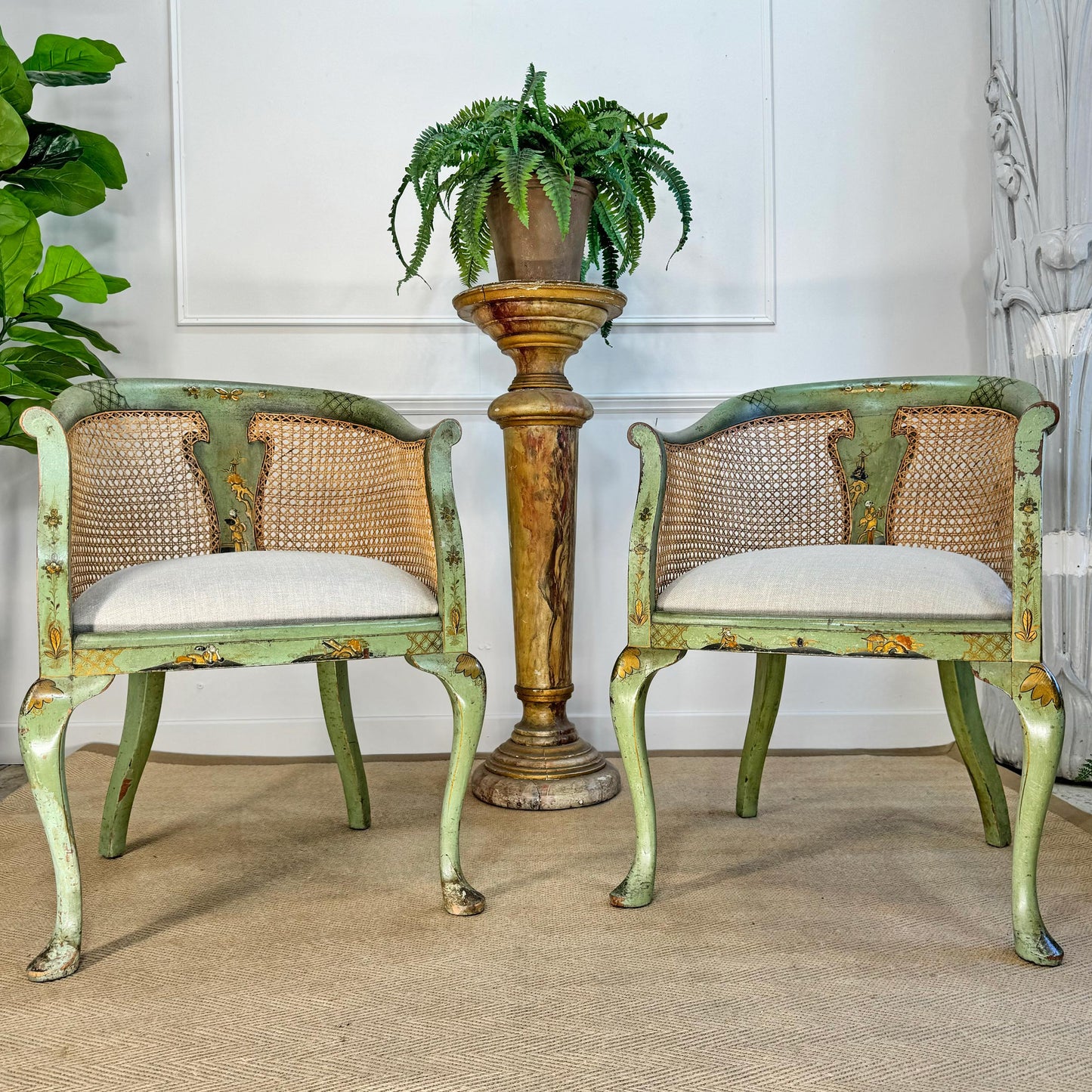 Pair of 19th Century Green Queen Anne Revival Chinoiserie Bergere Chairs