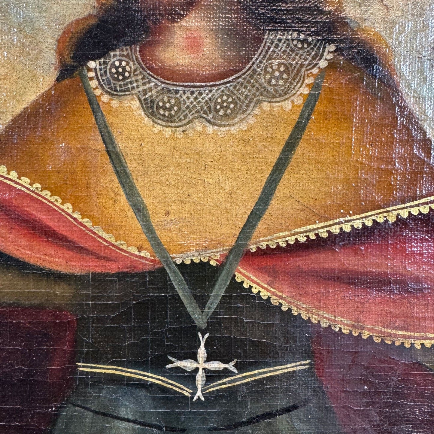 19th Century Cuzco Oil on Canvas of an Incan King Holding aloft Two Scepters