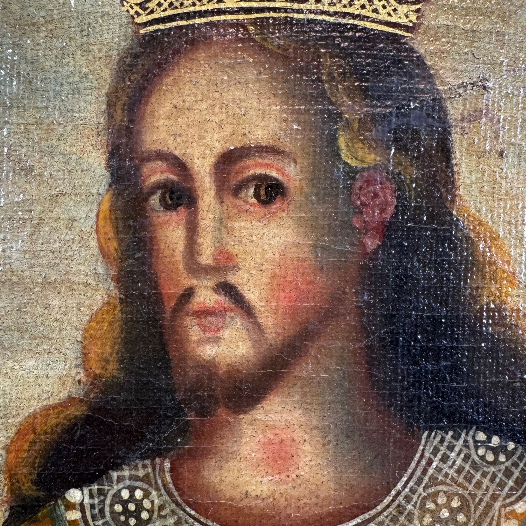 19th Century Cuzco Oil on Canvas of an Incan King Holding aloft Two Scepters