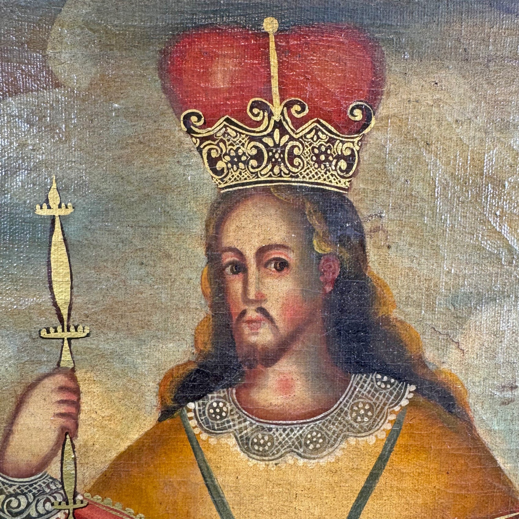 19th Century Cuzco Oil on Canvas of an Incan King Holding aloft Two Scepters