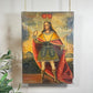 A vertical Cuzco Peruvian painting depicting a crowned king in medieval-style armour with a red cape, hanging on a white wall by two gold chains. A green plant is visible in the lower-left corner.
