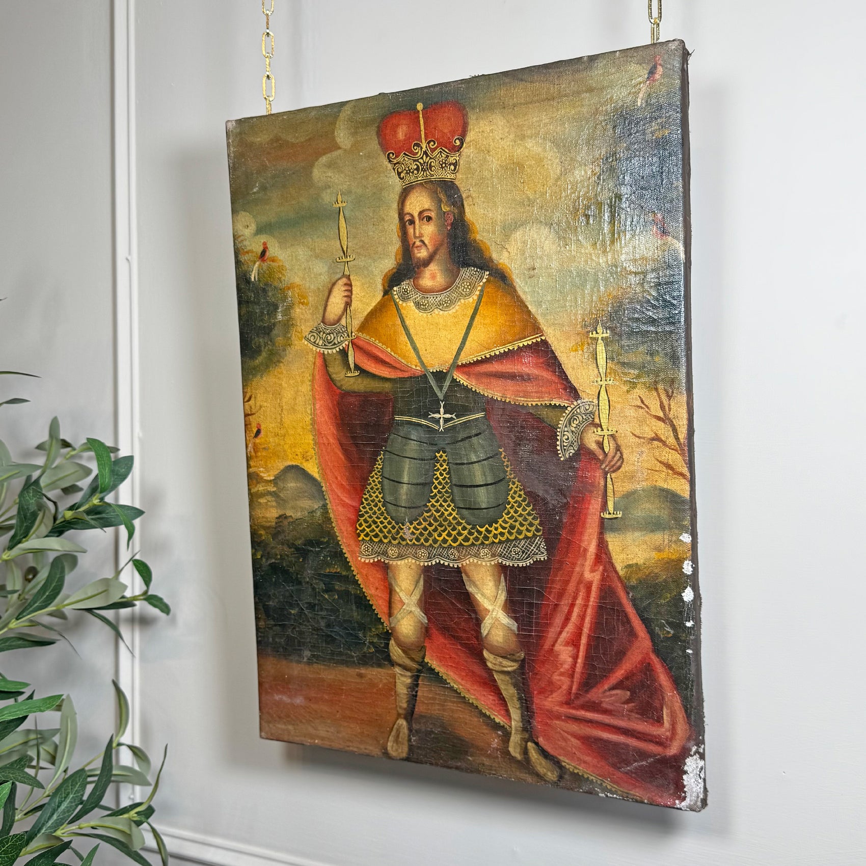 19th Century Cuzco Oil on Canvas of an Incan King Holding aloft Two Scepters