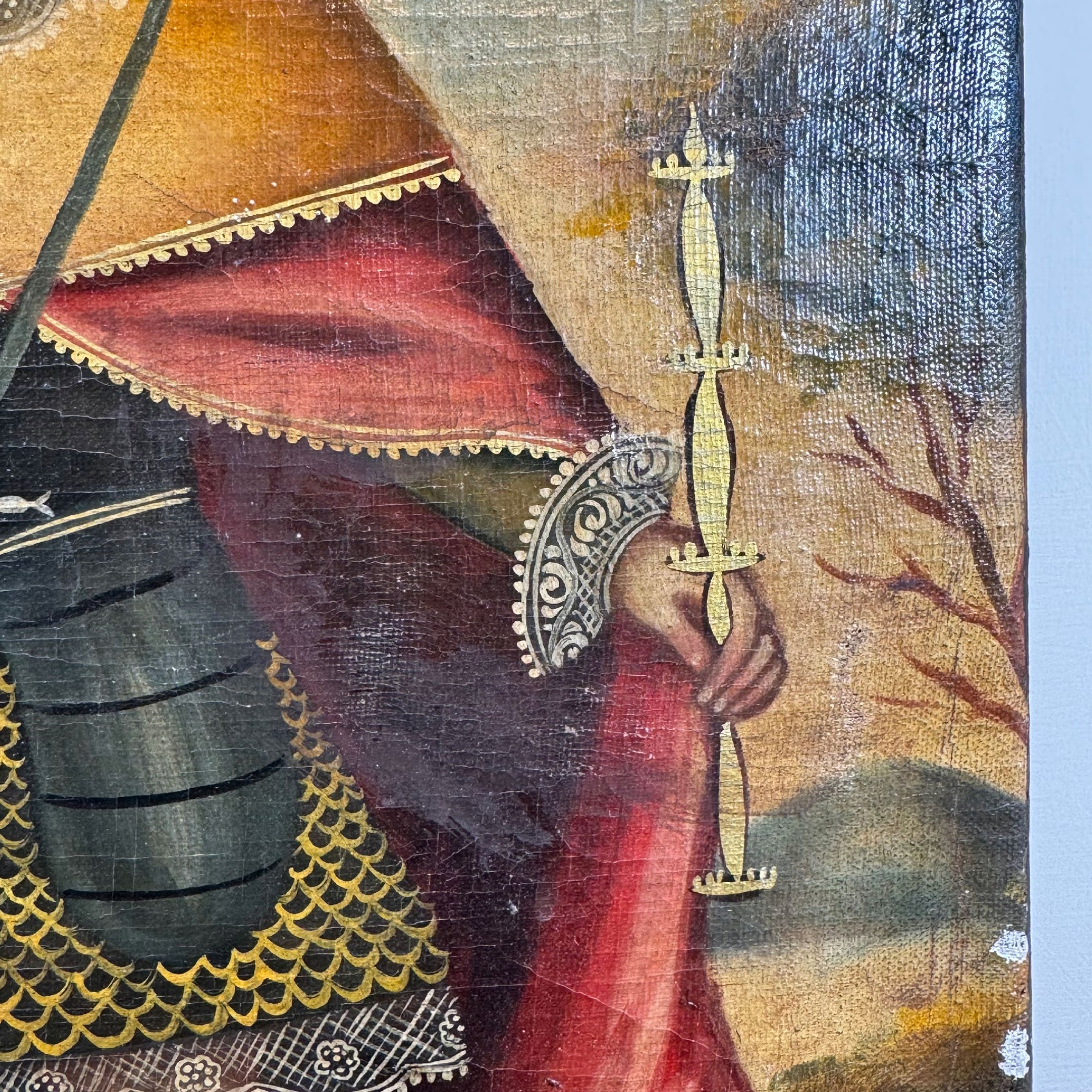 19th Century Cuzco Oil on Canvas of an Incan King Holding aloft Two Scepters
