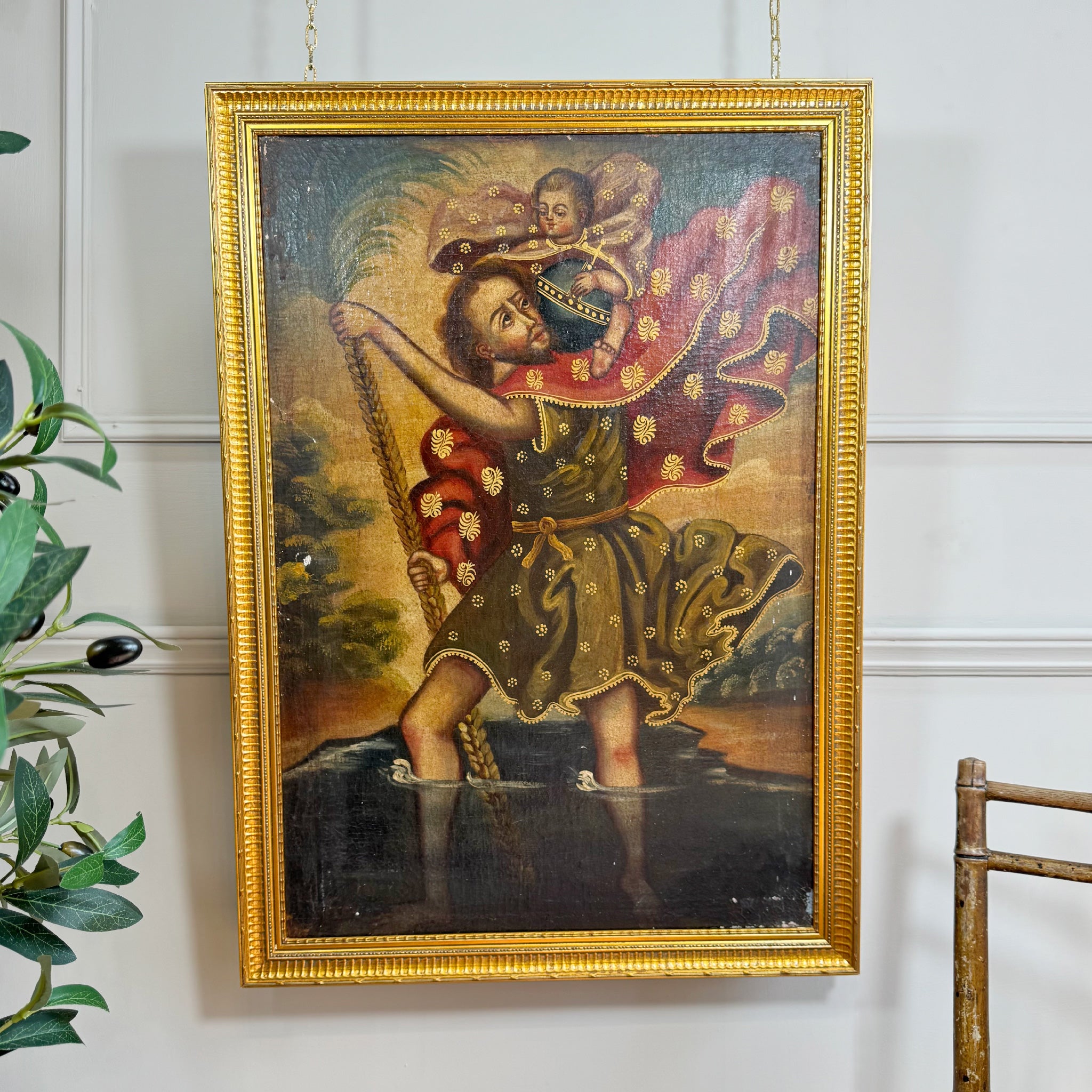 19th Century Cuzco Oil Painting On Canvas Of St Christopher Carrying the Christ Child