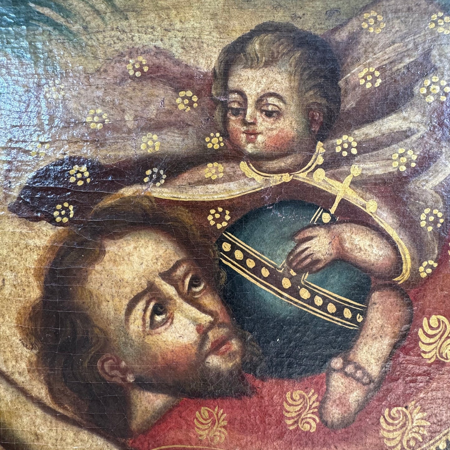 19th Century Cuzco Oil Painting On Canvas Of St Christopher Carrying the Christ Child