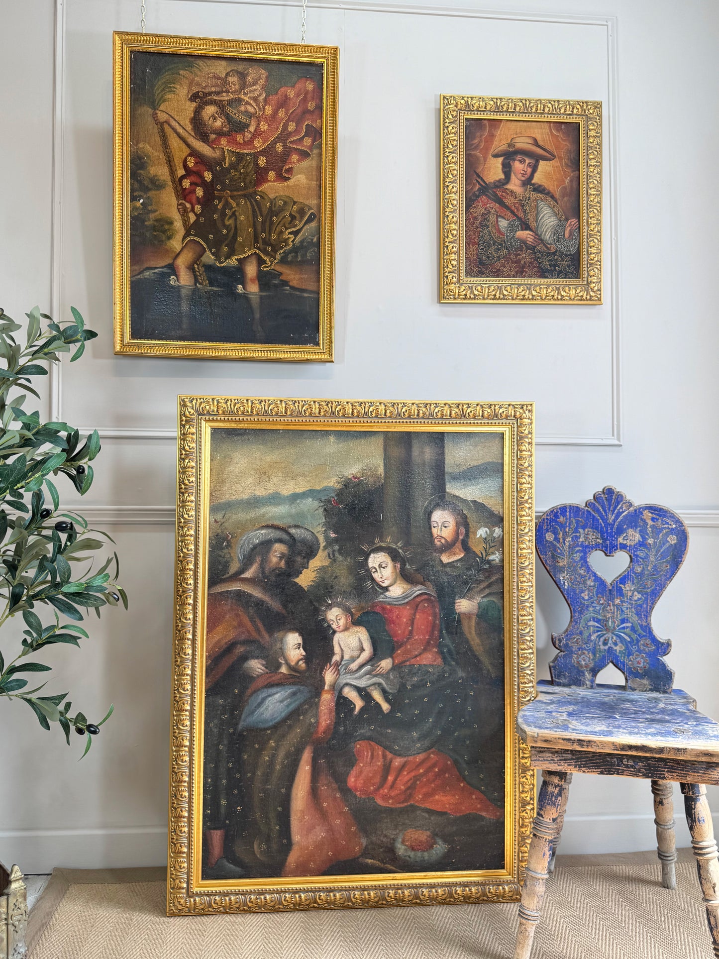 19th Century Cuzco Oil Painting On Canvas Of St Christopher Carrying the Christ Child