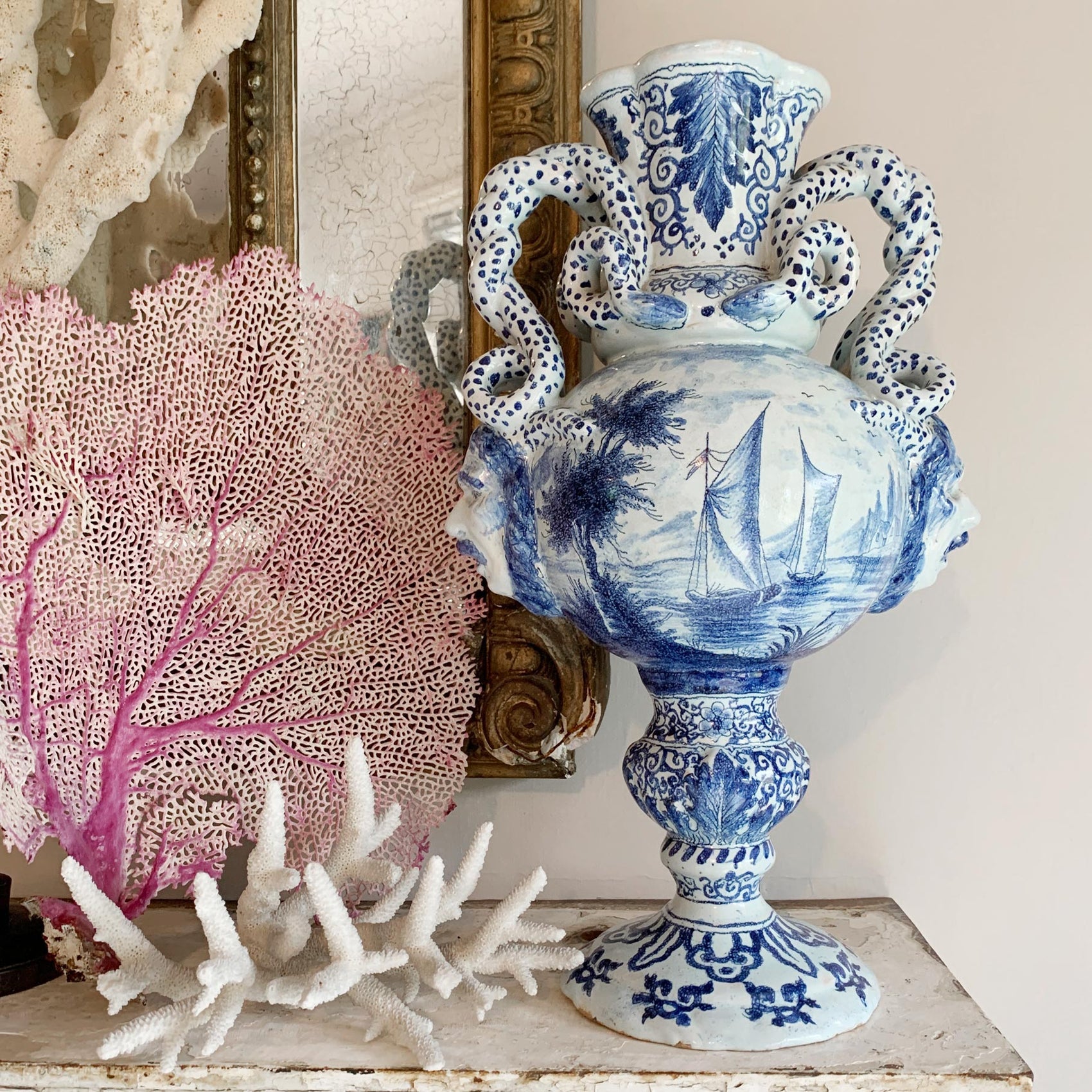Late 18th Century Delft Style Blue and White Bacchus Serpent Handled Vase