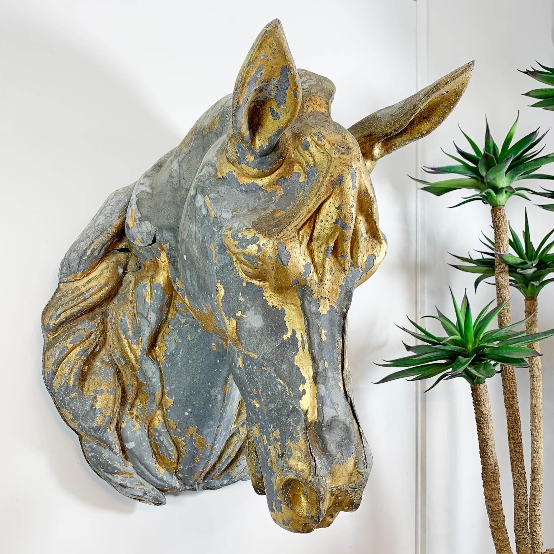 An antique zinc wall-mounted horse head sculpture with a distressed gray finish and gold leaf accents, shown against a white wall with potted green plants on the right.