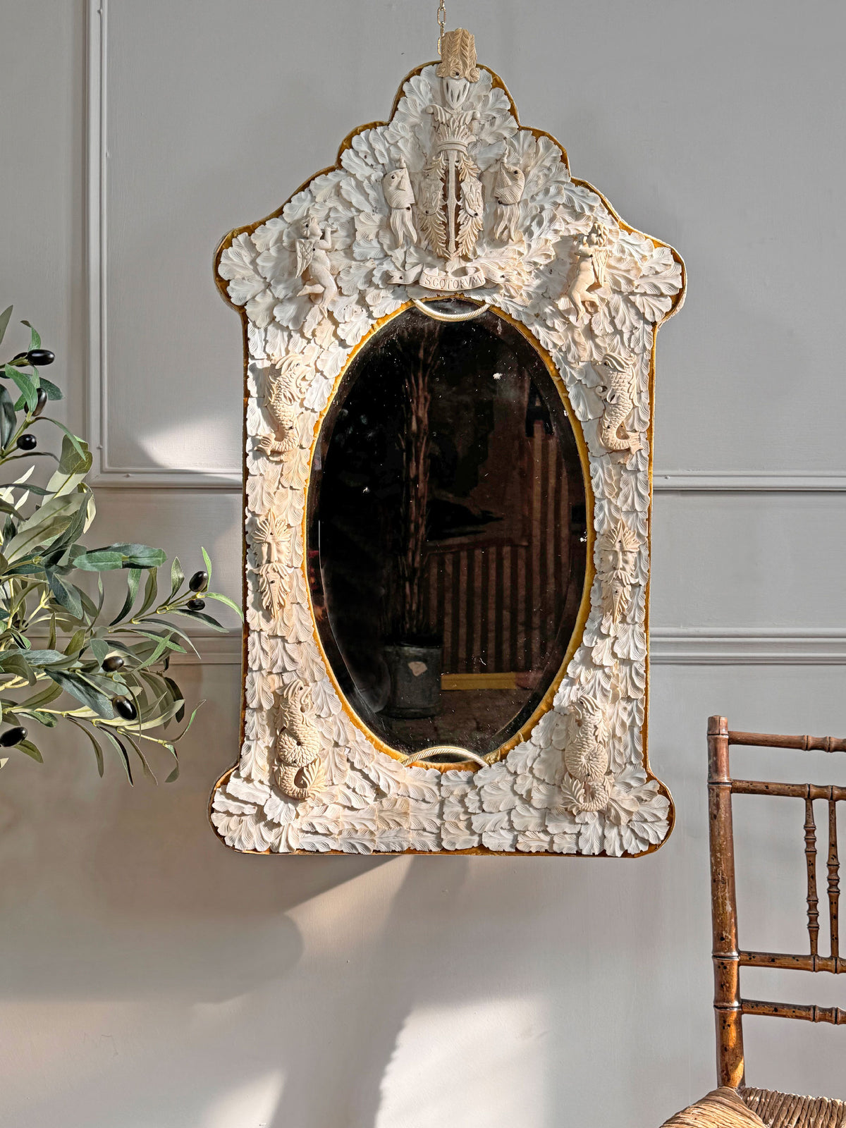 An Exceptional 19th-Century French Dieppe Carved Bone Wall Mirror