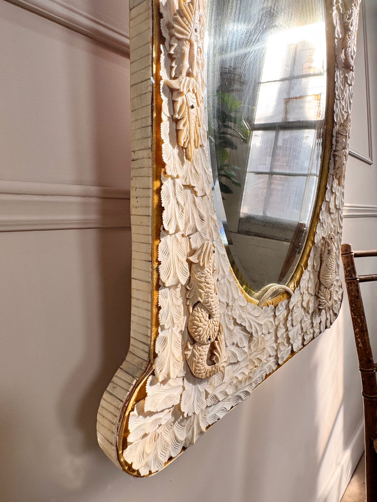 An Exceptional 19th-Century French Dieppe Carved Bone Wall Mirror