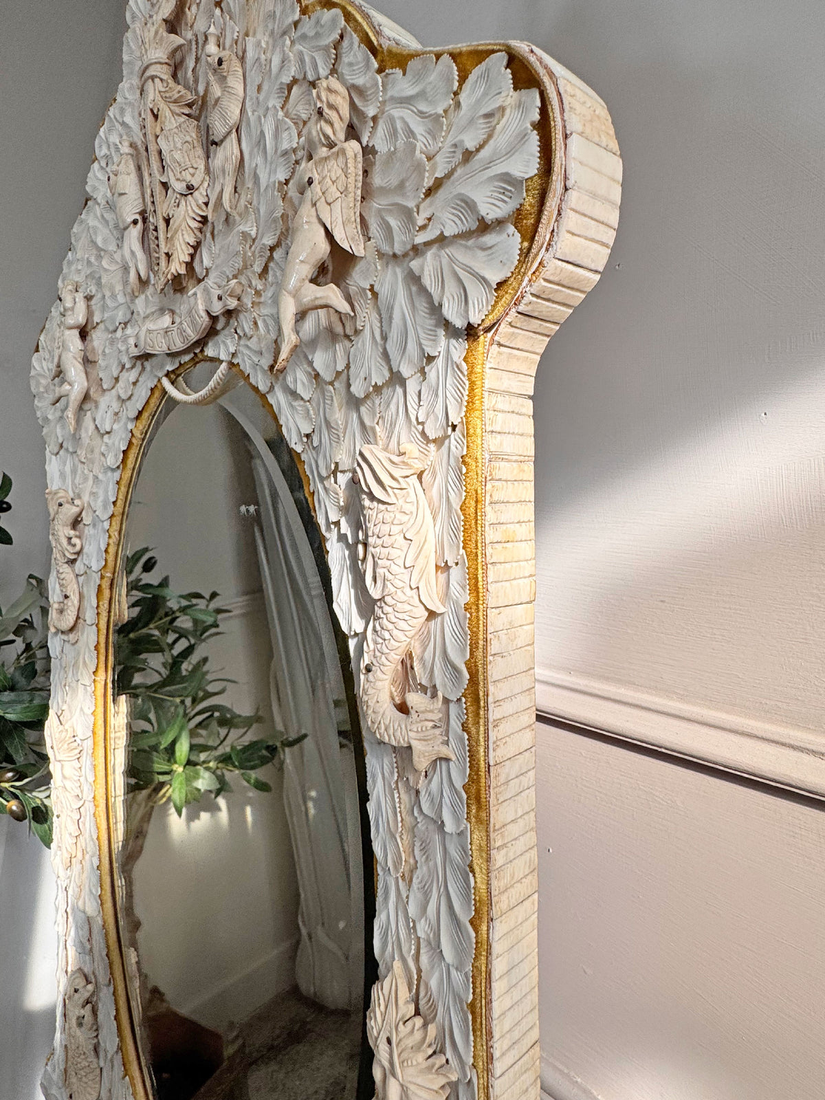 An Exceptional 19th-Century French Dieppe Carved Bone Wall Mirror