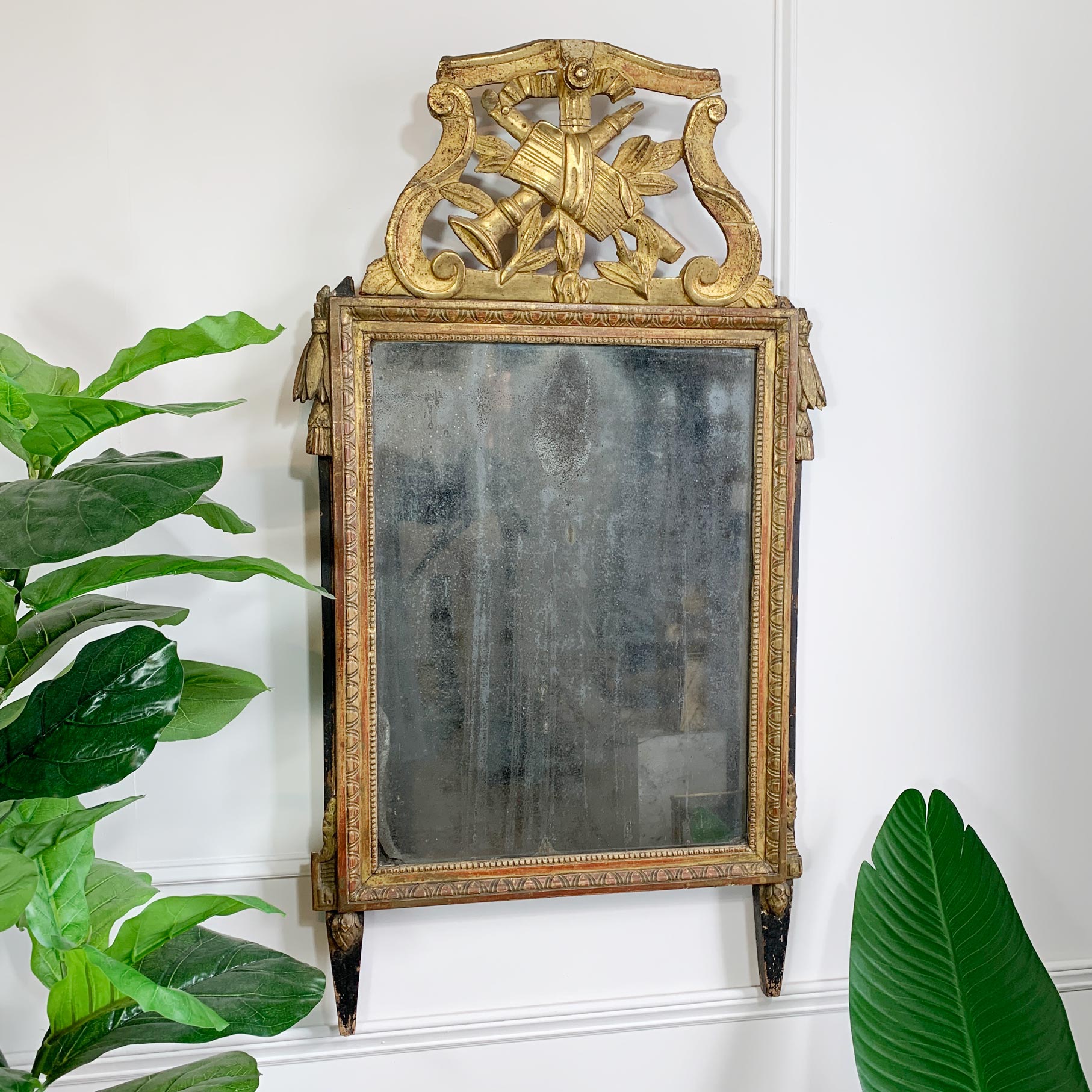 An ornate antique wall mirror with a gilded gold frame, decorative crest at the top, and dark legs, shown leaning against a white wall with green houseplants partially visible on both sides.