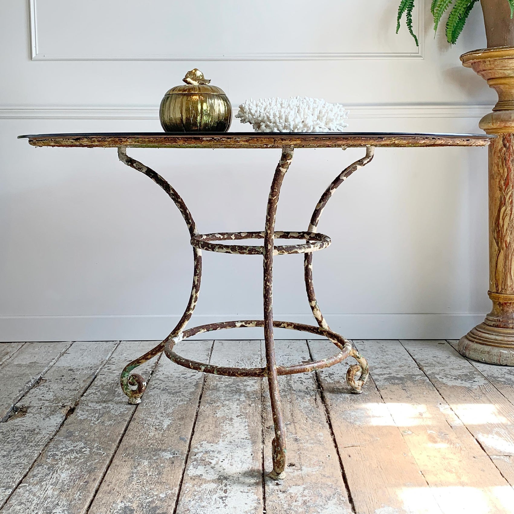 19th Century Large French Wrought Iron Table with Glass Top