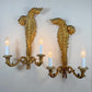 A pair of ornate Italian antique gold wall sconces with leaf-like scrollwork and four candle-style lights, mounted on a plain light gray wall.
