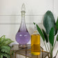 An antique clear glass pharmacy bottle with a purple liquid inside and a smaller clear glass bottle filled with golden-yellow liquid, both with pointed stoppers, displayed on a glass-topped table with green plants in the background.