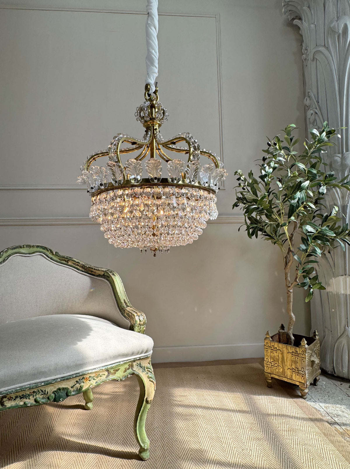 An Exceptionally Rare and Elegant French Empire Crown and Basket Crystal Chandelier Circa 1900–1910
