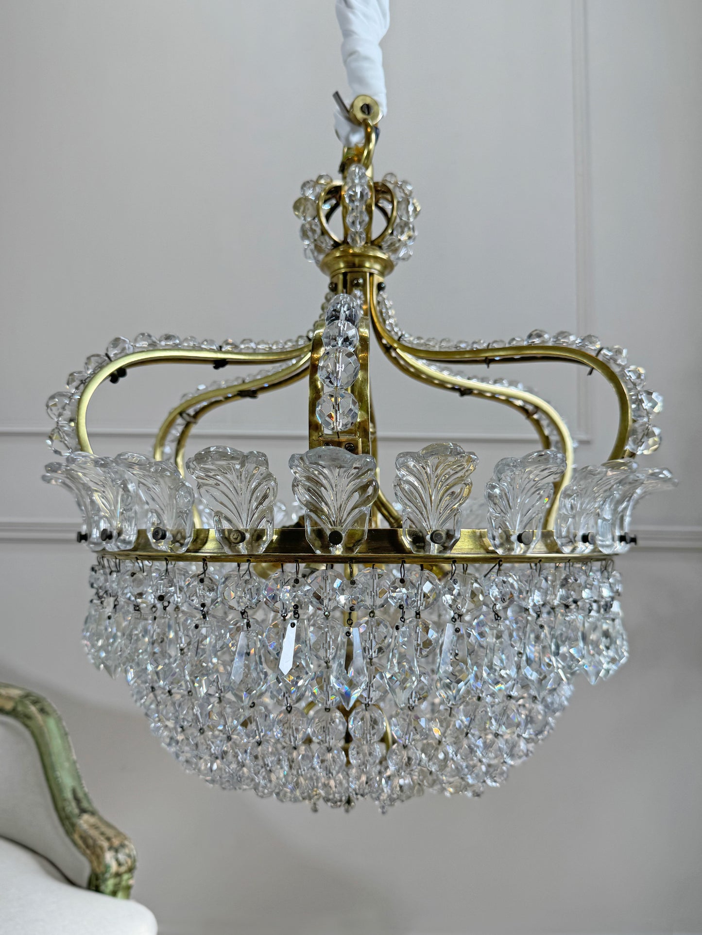 An Exceptionally Rare and Elegant French Empire Crown and Basket Crystal Chandelier Circa 1900–1910