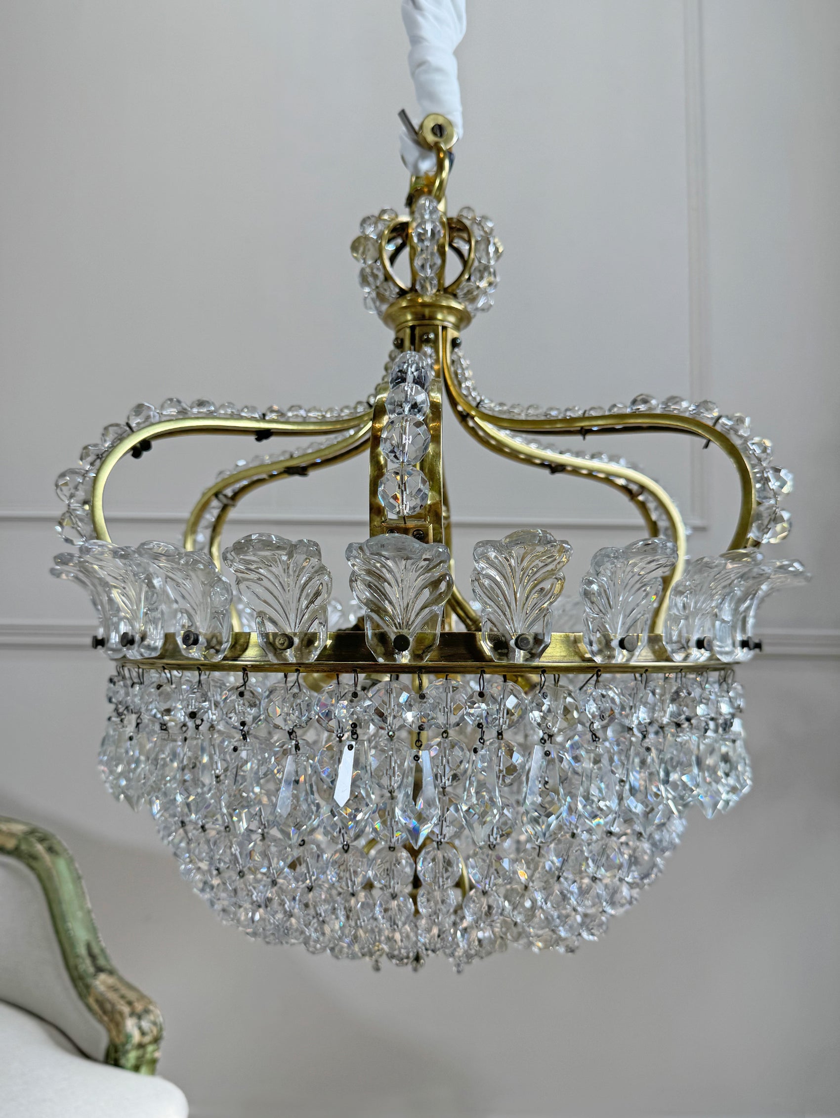 An Exceptionally Rare and Elegant French Empire Crown and Basket Crystal Chandelier Circa 1900–1910