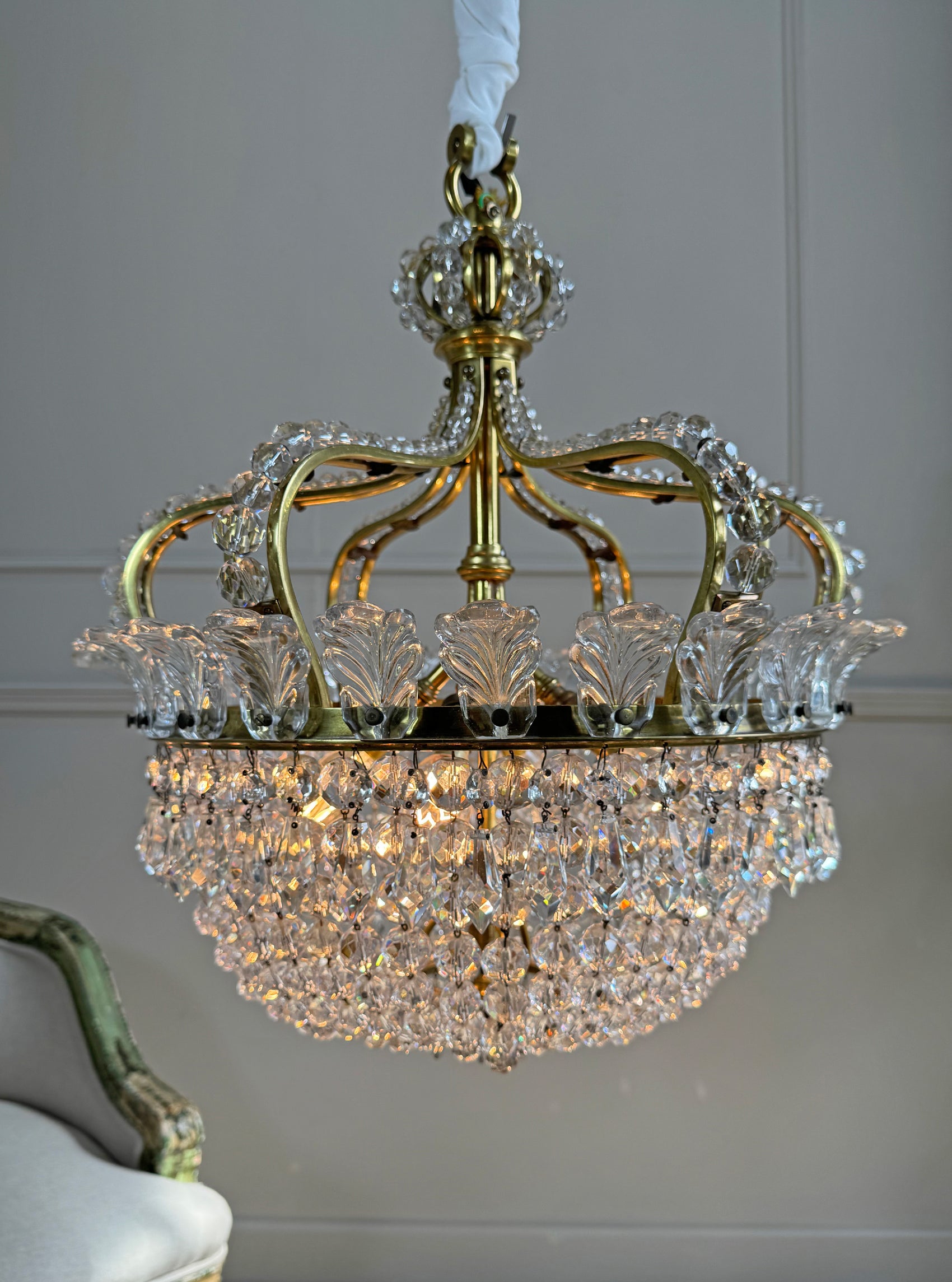 An Exceptionally Rare and Elegant French Empire Crown and Basket Crystal Chandelier Circa 1900–1910