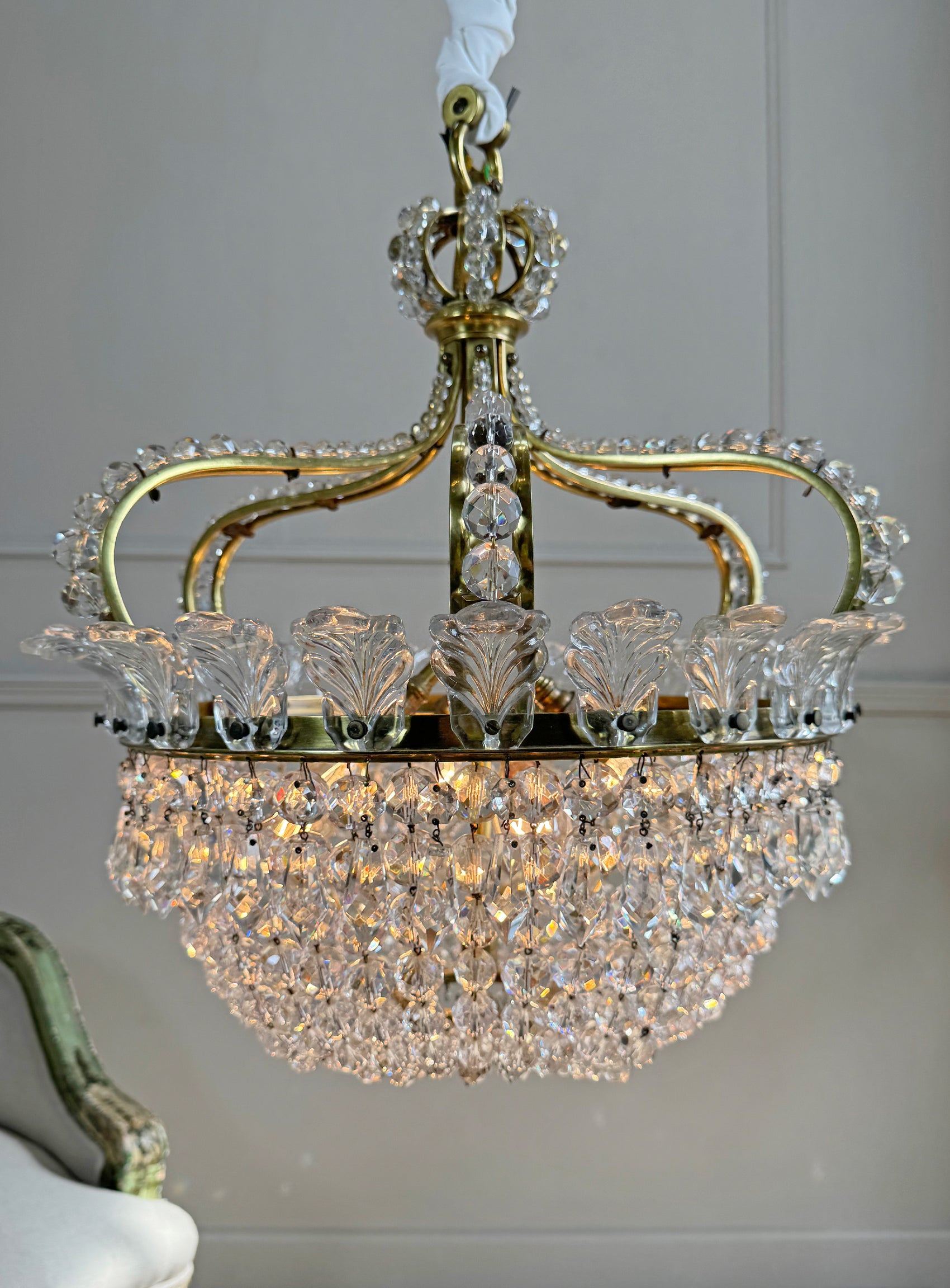 An Exceptionally Rare and Elegant French Empire Crown and Basket Crystal Chandelier Circa 1900–1910