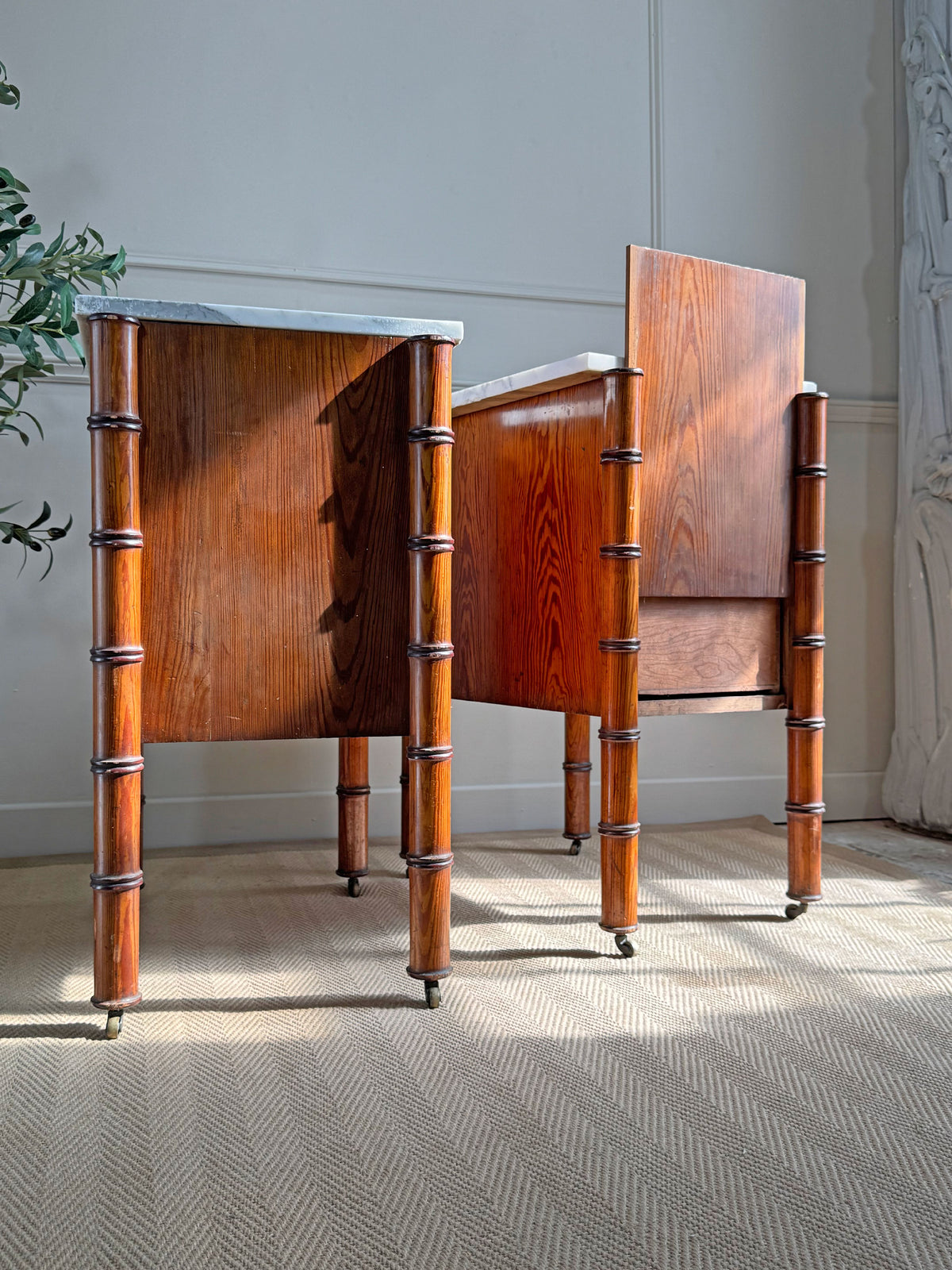 An Exceptionally Rare Museum-Grade Pair of Faux Bamboo Bedside Cabinets by Howard & Sons Circa 1900