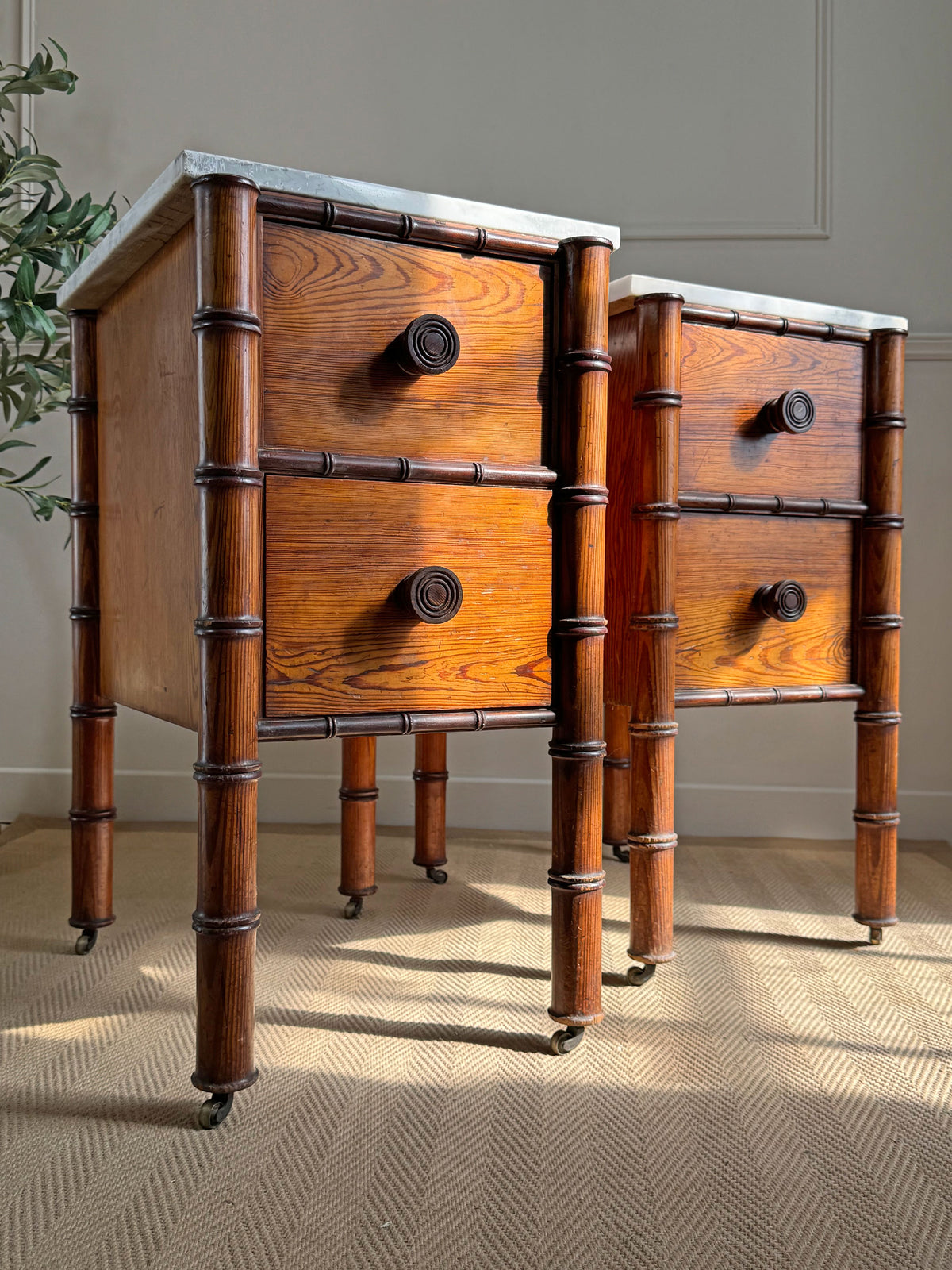 An Exceptionally Rare Museum-Grade Pair of Faux Bamboo Bedside Cabinets by Howard & Sons Circa 1900